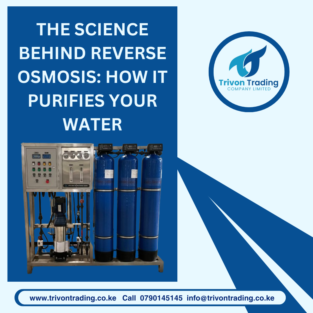 Water is essential to life, yet not all water is safe for consumption. With pollutants, bacteria, and harmful chemicals becoming increasingly common in water sources, the demand for advanced purification methods has never been higher. Among these methods, reverse osmosis (RO) stands out as one of the most effective and reliable technologies. But how does it work, and why should you consider investing in an RO system? Let’s explore the science behind reverse osmosis and how it ensures your water is pure and safe. What is Reverse Osmosis? Reverse osmosis is a water purification process that uses a semi-permeable membrane to remove impurities from water. The process involves forcing water through this membrane under pressure, leaving contaminants such as salts, bacteria, and toxins behind. At its core, RO technology exploits the natural process of osmosis. In osmosis, water moves from a lower concentration of solutes to a higher concentration through a semi-permeable membrane. Reverse osmosis, as the name suggests, reverses this process by applying pressure, allowing only pure water molecules to pass through while filtering out impurities. How Reverse Osmosis Purifies Water Pre-Filtration: Water first passes through pre-filters to remove larger particles, such as sand, silt, and sediment. This step ensures the RO membrane is not clogged or damaged. High-Pressure Pump: A high-pressure pump forces the water through the RO membrane. This pressure is critical for overcoming the natural osmotic pressure and pushing water molecules through the membrane. Semi-Permeable Membrane: The heart of the RO system, the membrane, filters out contaminants like heavy metals, chlorine, bacteria, and viruses. Only water molecules can pass through, leaving impurities behind. Post-Filtration: Once the water has passed through the membrane, it undergoes additional filtration to improve taste and remove any remaining odors or impurities. Storage Tank: Purified water is stored in a tank, ready for use. Key Contaminants Removed by Reverse Osmosis Reverse osmosis is highly effective at removing a wide range of contaminants, including: Dissolved Salts and Minerals: RO removes up to 99% of dissolved salts, making it ideal for desalination. Heavy Metals: Contaminants like lead, mercury, and arsenic are effectively filtered out. Microorganisms: Bacteria, viruses, and protozoa are blocked by the membrane. Chemicals and Toxins: Pesticides, herbicides, and industrial chemicals are significantly reduced. Benefits of Reverse Osmosis Systems Healthier Drinking Water: Removes up to 99% of contaminants, ensuring safe and clean water for you and your family. Improved Taste: Eliminates unpleasant tastes and odors caused by chlorine, sulfur, and other chemicals. Cost-Effective: Saves money in the long run by reducing the need for bottled water. Environmentally Friendly: Reduces plastic waste by encouraging the use of reusable water bottles. Why Choose Trivon Trading for Your Reverse Osmosis Needs? At Trivon Trading Company Limited, we specialize in providing top-notch water purification solutions tailored to meet your needs. Whether you're looking for a domestic system or a commercial-grade solution, we have a wide range of reverse osmosis machines designed for different capacities: Domestic Reverse Osmosis Systems: Compact and perfect for households, ensuring your family has access to safe drinking water every day. 250 LPH Reverse Osmosis Systems: Ideal for small businesses or community water projects. 500 LPH Reverse Osmosis Systems: A robust choice for medium-scale operations. 1000 LPH Reverse Osmosis Systems: Perfect for large-scale businesses requiring consistent and reliable water purification. Each system is built with high-quality materials and comes with after-sales support, including installation, servicing, and repair. By choosing Trivon Trading, you invest in both quality and peace of mind. Applications of Reverse Osmosis Systems Homes: Providing clean, safe drinking water for daily use. Schools and Hospitals: Ensuring students and patients have access to hygienic water. Water Vending Businesses: Supporting water entrepreneurs with reliable purification systems. Industrial Use: Purifying water for manufacturing processes. Tips for Maintaining an RO System Regular Filter Changes: Replace pre-filters and post-filters as recommended by the manufacturer. Monitor Water Pressure: Ensure the system’s pressure levels are within the specified range. Clean the Storage Tank: Periodically sanitize the storage tank to prevent bacterial growth. Inspect the Membrane: Check the RO membrane for signs of wear or clogging and replace it when necessary. Get Your RO System Today Ready to invest in a reverse osmosis system that guarantees purity and reliability? Look no further than Trivon Trading Company Limited. Explore our range of high-quality RO systems and other water purification solutions tailored to your needs. 📞 Contact Us: Call: 0790145145 Email: info@trivontrading.co.ke Visit: www.trivontrading.co.ke Make the smart choice today and ensure a healthier tomorrow with Trivon Trading’s Reverse Osmosis Systems.