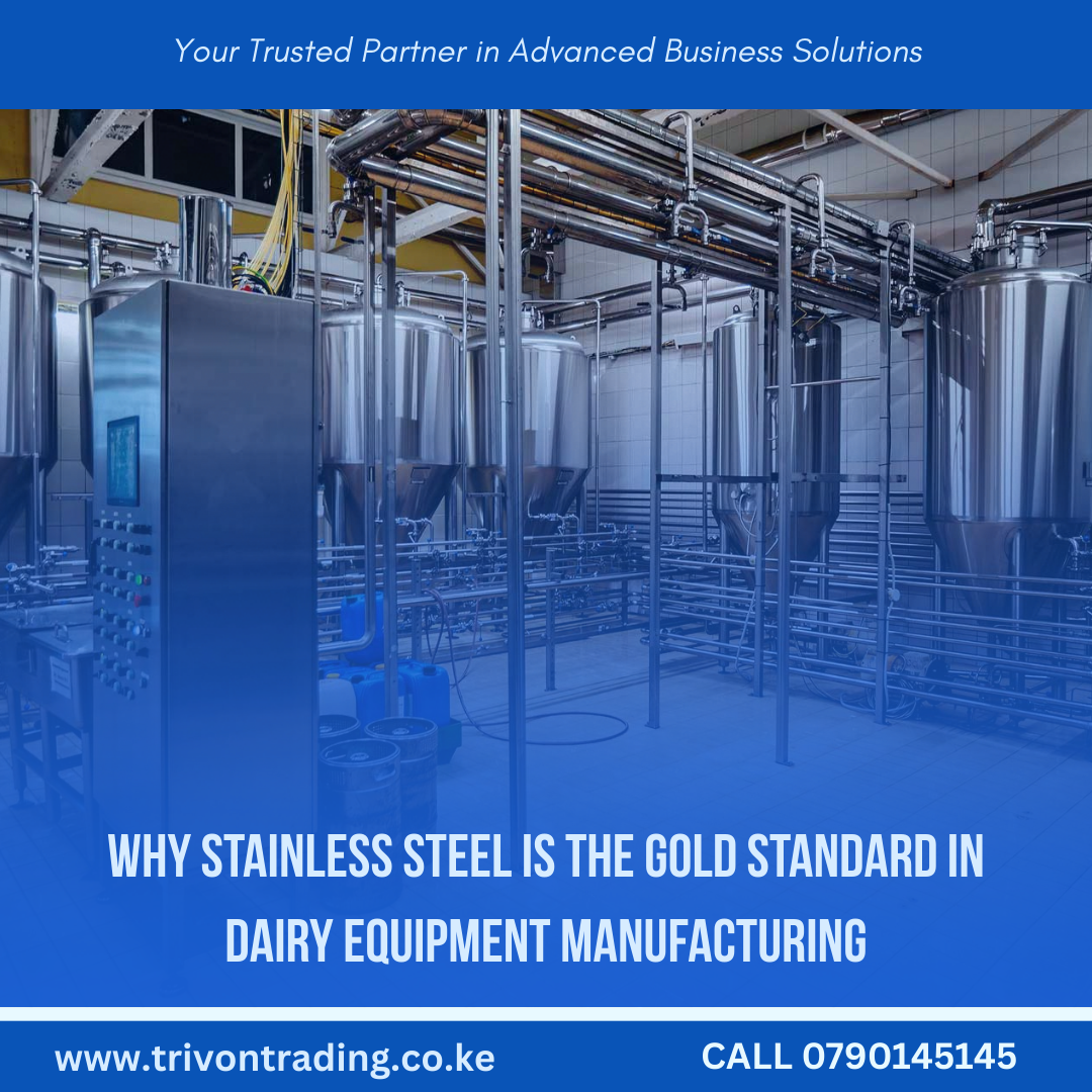 Why Stainless Steel Is the Gold Standard in Dairy Equipment Manufacturing In the dairy industry, equipment quality plays a critical role in determining the safety, taste, and longevity of milk and other dairy products. One material has stood out for decades as the most reliable, hygienic, and durable choice: stainless steel. From milk cooling tanks and pasteurizers to Milk ATM machines and bottle fillers, stainless steel has become the gold standard for manufacturers, processors, and retailers who prioritize food safety, operational efficiency, and long-term value. In this article, we explore the reasons behind stainless steel’s dominance in dairy equipment manufacturing and why Trivon Trading Company Limited, Kenya’s trusted supplier of dairy and water machinery, proudly builds and supplies equipment using food-grade stainless steel. 1. 🧼 Unmatched Hygiene for Food Safety Dairy products are extremely sensitive to contamination. Milk can easily absorb flavors, odors, or bacteria if not handled with proper materials. Stainless steel offers a non-porous, smooth surface that does not absorb dairy residues or harbor bacteria. Why This Matters: Easy to clean – Stainless steel surfaces can be sanitized thoroughly without leaving behind bacteria or harmful residues. Non-reactive – Unlike materials like plastic or aluminum, stainless steel does not react with lactic acids in milk, preserving the product's taste and purity. Prevents biofilm formation – The smooth finish reduces the chance of bacterial biofilms forming, which can otherwise contaminate batches. At Trivon Trading Company Limited, we prioritize food-grade stainless steel (such as SS304 or SS316) in all dairy equipment to ensure compliance with food safety regulations and safeguard your product's integrity. 2. 🔩 Durability That Withstands Daily Use Dairy equipment is subject to continuous use, frequent cleaning, heat, and sometimes corrosive sanitizers. Stainless steel's robust structure makes it highly resistant to: Rust and corrosion Extreme temperatures Physical impacts and wear This durability translates to a longer equipment lifespan, reduced maintenance costs, and fewer downtimes—critical for businesses that operate daily. Real Value from Stainless Steel: No need for frequent replacements Can withstand harsh cleaning agents Keeps machinery looking new for years All our Milk ATMs, pasteurizers, milk chillers, and packaging systems at Trivon Trading are crafted to endure tough dairy processing conditions, ensuring a high return on investment. 3. 🧪 Chemical and Thermal Resistance Stainless steel resists chemical reactions that can be triggered by cleaning agents or natural compounds in milk. It also tolerates high heat and cold without warping or degrading. This makes stainless steel the ideal material for: Pasteurizers – Withstand boiling and cooling cycles Chillers – Handle cold milk storage without corrosion Milk ATMs – Manage daily heating/dispensing without affecting quality At Trivon Trading Company Limited, we engineer our equipment to thrive under thermal and chemical stress. Whether you're pasteurizing or dispensing milk, our machines stay strong. 4. 🛠️ Easy Maintenance and Cleaning In dairy operations, cleaning-in-place (CIP) systems are common, and stainless steel equipment is fully compatible. Its smooth, seamless surface makes it: Easy to rinse and scrub Resistant to microbial build-up Faster to dry after washdown This convenience reduces labor, saves time, and maintains high hygiene standards. Trivon Trading’s milk vending machines and storage tanks are designed with user-friendly cleaning access and sanitary-grade welds that meet international dairy hygiene standards. 5. ♻️ Environmentally Friendly and Recyclable Stainless steel is 100% recyclable. At the end of its long life, stainless steel equipment can be reused or melted down for future production, supporting a more sustainable economy. This aligns with the increasing demand for eco-friendly food production practices. By choosing stainless steel: You're minimizing waste Lowering your carbon footprint Supporting long-term environmental responsibility At Trivon Trading, we are committed to sustainability and offer eco-conscious solutions without compromising on performance or quality. 6. 💼 Professional Aesthetics and Brand Image Let’s face it: stainless steel looks professional. Its sleek, shiny finish sends a strong message about your brand’s cleanliness, quality, and modernity. In environments where consumers interact with your equipment—like in milk vending stations—appearance can boost trust and confidence. Our Milk ATMs and water vending machines at Trivon Trading Company Limited come with polished stainless steel exteriors that: Are attractive and modern Resist smudges and stains Represent your brand with pride Whether you're operating a public vending station or a dairy processing unit, you’ll impress customers and maintain a neat environment. 7. ✅ Meets Global Health Standards Stainless steel is approved by: FDA (U.S. Food and Drug Administration) EU Food Safety Authority KEBS (Kenya Bureau of Standards) for food contact Using stainless steel in dairy production ensures you're compliant with both local and international regulations. This is especially important for businesses targeting large institutions, exports, or long-term contracts. At Trivon Trading, all our dairy and water machines meet or exceed these regulatory standards, making them ideal for: Government tenders Institutional supply Export certification 8. 🔄 Versatility in Dairy Equipment Design Stainless steel can be molded and fabricated into various forms while maintaining its integrity. This makes it ideal for designing: Milk holding tanks Pasteurizer plates Bottle rinsers Custom filling machines Vending machine interiors and exteriors Our team at Trivon Trading Company Limited works closely with clients to deliver customized stainless steel dairy machines tailored to your production goals, space, and budget. Trivon Trading Company Limited – Your Stainless Steel Dairy Equipment Partner At Trivon Trading Company Limited, we specialize in the supply, design, and installation of dairy and water treatment machines made with premium food-grade stainless steel. We proudly serve clients across Kenya and East Africa, delivering high-quality equipment such as: ✅ Milk ATMs ✅ Milk Pasteurizers ✅ Milk Cooling/Chilling Tanks ✅ Bottle Filling and Rinsing Machines ✅ Complete Dairy Plants ✅ Water Purification and Vending Systems Whether you're launching a milk business, upgrading an existing plant, or starting a community milk ATM station, we provide durable, hygienic, and efficient equipment that lasts. Why Choose Trivon Trading? 🛠️ Expert Installation & Maintenance 💬 Friendly Consultation & Guidance 💼 Customized Solutions for Every Budget 📦 Reliable After-Sales Support 🏆 Over 5 Years Serving Kenya’s Dairy Sector Ready to Equip Your Dairy Business? If you're planning to start or scale your dairy operation, make sure your equipment is built to last, easy to clean, and compliant with food safety standards. Stainless steel is the smart investment—and Trivon Trading Company Limited is your reliable partner. 📞 Get in Touch Today 📱 Call/WhatsApp: 0790145145 📧 Email: info@trivontrading.co.ke | trivontrading@gmail.com 🌐 Visit: www.trivontrading.co.ke 📍 Based in Kenya – Serving Nationwide & Beyond Trivon Trading Company Limited – Engineering Hygiene, Quality & Durability into Every Drop.
