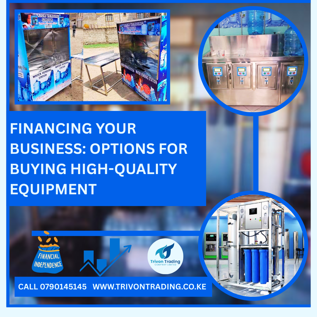 Title: Financing Your Business: Options for Buying High-Quality Equipment Meta Description: Discover smart financing options to help you acquire top-quality equipment for your water or dairy business. Learn how to grow without breaking the bank. Starting or expanding a water vending or dairy processing business can be an exciting journey—but it's no secret that acquiring high-quality machines like Milk ATMs, Water Vending Stations, Reverse Osmosis Systems, or Pasteurizers can be capital-intensive. For many entrepreneurs, the key challenge isn’t the business idea itself—it’s how to finance the equipment needed to run it efficiently. At Trivon Trading Company Limited, we understand the real needs of business owners and offer not only reliable machines but also insights into how you can afford them without draining your savings. Let’s explore some of the most practical and popular financing strategies that can help you start or grow your business with confidence. 1. Hire Purchase Plans (Pay As You Earn) Many equipment suppliers, including us at Trivon Trading, offer flexible hire purchase or installment payment plans. This allows you to pay a deposit and then spread the remaining cost over several months while the machine is already in use and generating income. It's a great option for entrepreneurs who need to get started immediately without paying the full cost upfront. ✅ Best for: Startups with limited capital but a working location. 2. Bank and Microfinance Loans Local banks and microfinance institutions like Faulu, KWFT, KCB, and Equity Bank offer business loans specifically tailored for small and medium-sized enterprises (SMEs). You can apply for financing to purchase equipment and repay in structured monthly installments over 1 to 3 years, depending on the lender’s terms. 📌 Tip: Prepare a simple business plan and projected income from the equipment. It helps you get approved faster. 3. Government Youth, Women, and Uwezo Funds If you're a youth, woman, or part of a special group registered under a business, you can apply for government-backed funds such as the Youth Fund, Uwezo Fund, or Women Enterprise Fund. These initiatives are designed to support entrepreneurship through interest-free or low-interest loans. 🌱 Ideal for: Group startups or cooperatives looking to venture into vending or milk processing. 4. Chamas & Sacco Loans Saccos (Savings and Credit Cooperative Organizations) and Chamas (investment groups) are a trusted route for many Kenyans. By saving consistently, you can qualify for loans up to three times your savings, which can go toward purchasing high-demand machines like Water ATMs or Milk Chillers. 🤝 Best for: Group-based businesses with existing savings culture. 5. Leasing Equipment (Rent-to-Own) If you’re still testing the market, you may consider a leasing arrangement or rent-to-own model, where you use the equipment and pay monthly while building up to full ownership. This reduces upfront risk and allows your business to grow organically before taking on full ownership responsibilities. 💡 This can be arranged through selected partners. Contact us to learn more. 6. Crowdfunding or Partner Financing For innovative entrepreneurs with a clear vision and a compelling story, crowdfunding platforms or partnering with friends and family for capital can be viable routes. Offer them equity or a percentage of future profits in return for upfront funding. 💼 A bold move—but it has worked for many who believe in collaboration and accountability. Why Financing Equipment Makes Sense High-quality machines don’t just last longer—they also perform better, reduce maintenance costs, and improve your brand image. Whether you're investing in a Reverse Osmosis Water Plant, a Milk Pasteurizer, or a Digital Water Vending Machine, smart financing ensures that you’re not compromising quality for short-term affordability. At Trivon Trading Company Limited, we offer expert consultation to help you select the right machine and discuss available payment plans that match your financial situation. Ready to Start? Let’s Talk. Contact us today for a quote, financing advice, or a business consultation tailored to your needs. 📞 Phone: 0790145145 📧 Email: info@trivontrading.co.ke | trivontrading@gmail.com 🌐 Website: www.trivontrading.co.ke