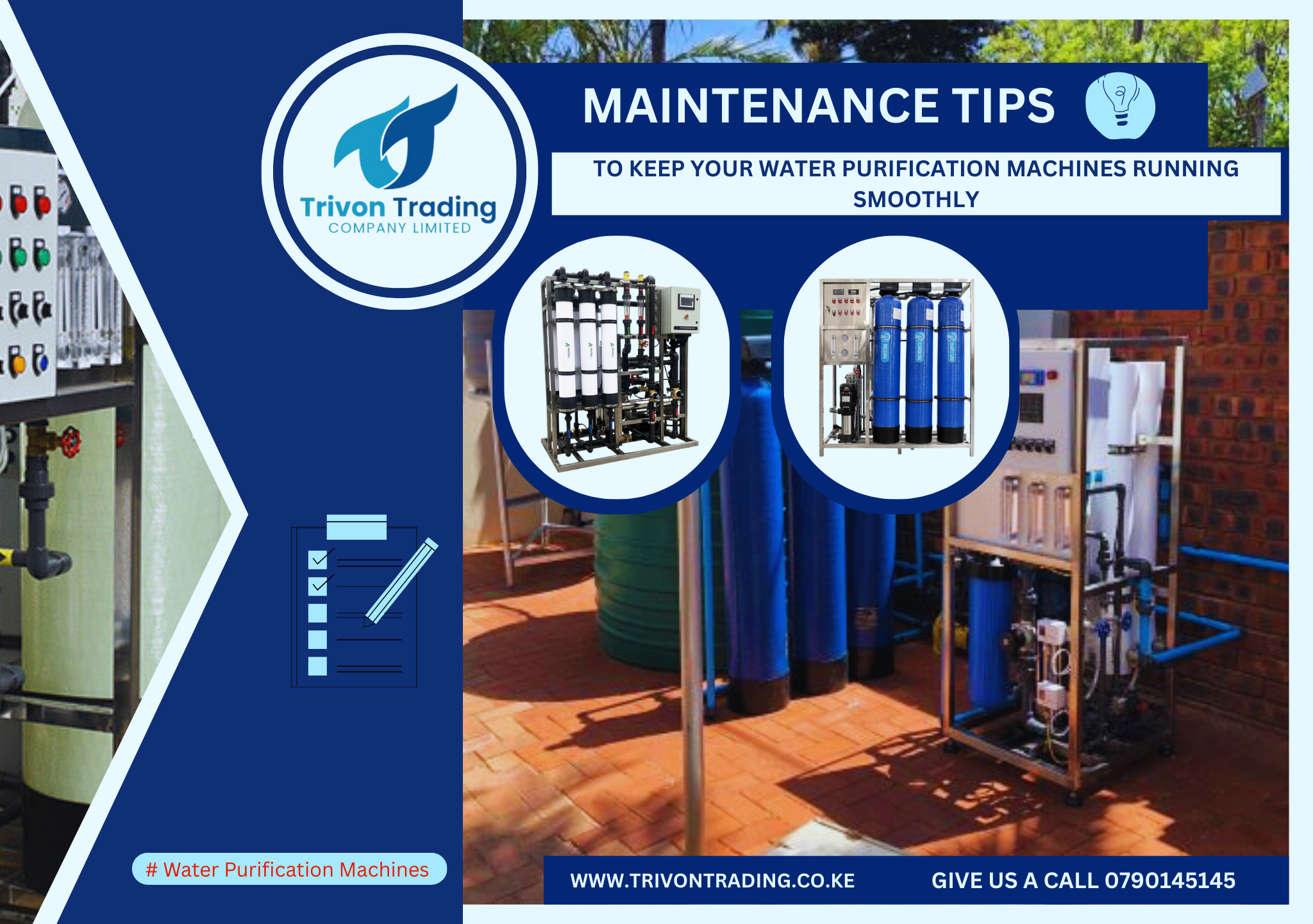 Maintenance Tips to Keep Your Water Purification Machines Running Smoothly Water purification machines are vital in ensuring access to clean, safe, and high-quality drinking water for homes, businesses, and industrial use. Like any other machinery, these systems require regular maintenance to function efficiently and to extend their lifespan. Whether you're operating a water vending station, a bottling plant, or a dairy processing unit, well-maintained equipment saves you money, prevents costly downtime, and delivers consistent performance. At Trivon Trading Company Limited, we specialize in supplying high-quality water purification equipment including Reverse Osmosis Systems (RO), Pure Water Skids, Bottle Rinsers (Jet-Type), Stainless Steel Storage Tanks, Filling Stations with Holding Tanks, 3-in-1 Water Purifiers, and more. Through this guide, we aim to provide practical and actionable maintenance tips that will keep your equipment running at its best. 1. Understand Your Equipment Before diving into maintenance procedures, familiarize yourself with the components and functions of your water purification system. Trivon Trading supplies a range of machines including: Reverse Osmosis (RO) Systems – for removing dissolved solids, heavy metals, fluoride, and bacteria. Pure Water Skids – a compact multi-stage purification system including sand, carbon, cartridge, microfiltration, and UV disinfection. Filling Stations with Holding Tanks – for packaging purified water manually while maintaining pressure and safety. Bottle Rinser (Jet-Type) – essential for hygienically cleaning water containers before refilling. Stainless Steel Storage Tanks – for safe, hygienic storage of purified water. Knowing how each component works helps in pinpointing issues and implementing effective solutions. 2. Follow a Regular Maintenance Schedule Routine maintenance prevents the buildup of impurities and ensures all parts work optimally. Create a maintenance calendar and assign responsibility to trained personnel. Suggested Schedule: Daily: Check water output and flow rate. Inspect visible pipes and connections for leaks. Ensure taps and nozzles are clean. Weekly: Backwash sand and carbon filters (if applicable). Check pump pressure levels. Inspect and clean UV lamps and housings. Monthly: Replace sediment and carbon filters. Sanitize storage tanks and refill stations. Examine reverse osmosis membranes. Quarterly to Annually: Full system cleaning and descaling. Replace RO membranes and UV lamps. Professional inspection and performance evaluation. 3. Clean and Replace Filters Regularly Filters are the frontline defense in any purification system. Sediment filters trap physical particles, while carbon filters absorb chemicals and odors. Over time, these filters clog and reduce efficiency. Pro Tips: Use only genuine replacement filters as supplied by Trivon Trading. Change sediment filters every 4–6 weeks for high-usage systems. Carbon filters should be replaced every 2–3 months depending on usage. Check pressure drops to detect clogged filters. 4. Inspect and Clean UV Sterilizers UV sterilizers are crucial in eliminating bacteria and viruses. However, the lamp and quartz sleeve can become dirty or lose effectiveness over time. Maintenance Steps: Turn off the UV unit before maintenance. Remove and clean the quartz sleeve with alcohol or mild soap. Replace UV lamps every 6–12 months, even if they still glow. Trivon's Pure Water Skid, Filling Station, and RO Systems come equipped with efficient UV disinfection units that require minimal maintenance but offer maximum safety. 5. Check and Maintain Pumps and Pressure Systems The pump ensures proper flow and pressure for effective filtration and refilling. Issues with pressure can lead to slow operations or damaged components. Maintenance Tips: Monitor for unusual noise or vibration. Lubricate motor bearings where necessary. Replace faulty pressure switches or control valves. Use a surge protector to avoid electrical damage. The Filling Station with 3-Tap Holding Tank from Trivon Trading includes a built-in pressure control system that should be tested monthly for optimal performance. 6. Sanitize Tanks and Piping Bacteria and algae can form in storage tanks and piping if not cleaned regularly. Use food-safe sanitizers and avoid contamination during the cleaning process. Cleaning Process: Empty the tank completely. Scrub the interior using brushes and non-corrosive cleaning agents. Rinse thoroughly with clean water. Disinfect using diluted sodium hypochlorite or hydrogen peroxide. Rinse again before refilling. Trivon’s Stainless Steel Tanks (Food Grade 304) are easier to clean and resist corrosion, ensuring long-term hygiene and safety. 7. Keep the Environment Clean External factors also affect the performance of your water purification machines. Environment Maintenance: Ensure proper ventilation in the room to avoid mold and heat buildup. Keep the area free of dust and debris that could enter open containers. Protect electronic components from water splashes and humidity. Trivon recommends installing systems in clean, controlled environments to reduce external contamination and prolong machine life. 8. Monitor Water Quality Regularly Testing your output water ensures that the machine is working effectively. Poor taste, odor, or cloudiness may indicate a malfunction. What to Test: Total Dissolved Solids (TDS) pH Levels Presence of bacteria Chlorine levels Use handheld meters or testing kits to monitor water quality and respond quickly to any changes. 9. Document All Maintenance Activities Keep a detailed logbook or digital record of all maintenance activities. Include: Dates of filter changes Issues noted and resolved Water test results Technician notes This record helps in identifying patterns, predicting issues, and ensuring accountability. 10. Invest in Quality Equipment Last but not least, the best maintenance starts with purchasing high-quality equipment built to last. At Trivon Trading Company Limited, we supply trusted and efficient solutions for your water purification needs: Reverse Osmosis 250LPH/500LPH/1000LPH systems 3-in-1 Water Purifiers with RO or UF Stainless Steel Storage Tanks and Filling Stations Bottle Rinsers (Jet-Type) Pure Water Skids for comprehensive purification Each unit is designed for ease of maintenance, durability, and performance. Final Thoughts Maintaining your water purification machines doesn't have to be difficult or time-consuming. With regular checks, proper cleaning, timely filter replacement, and environmental control, you can significantly extend the life of your equipment and deliver safe water consistently. Partner with Trivon Trading Company Limited for all your water treatment solutions, maintenance support, and spare parts supply. Whether you're just starting or running a large-scale operation, we’re here to ensure your system runs smoothly every day. 📞 Call us today or visit our showroom to learn more about our full range of water purification machines and accessories. 🔹 Trivon Trading Company LimitedYour Trusted Partner in Water & Dairy Solutions#WaterPurification #MachineMaintenance #ReverseOsmosis #TrivonTrading #CleanWater #WaterBusinessKenya