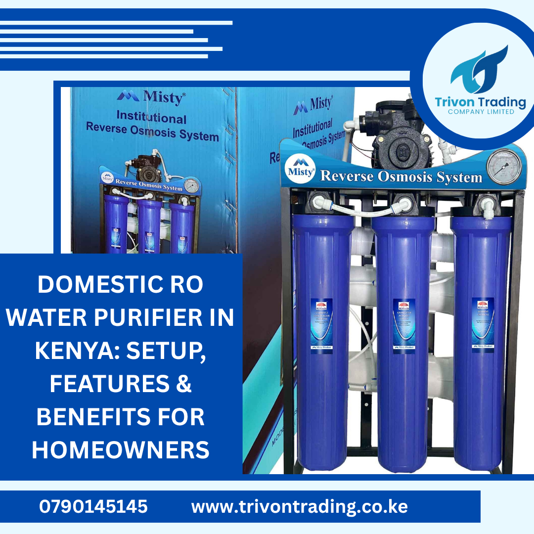 Domestic RO Water Purifier in Kenya: Setup, Features & Benefits for Homeowners Clean drinking water is a basic need in every Kenyan home. While many rely on boiled or bottled water, a more sustainable and cost-effective solution is investing in a Domestic Reverse Osmosis (RO) Water Purifier. Whether you're living in Nairobi, Kisumu, Eldoret, or any part of the country, a domestic RO unit ensures your household enjoys safe, purified water every day. In this blog, we explore what a domestic RO purifier is, how it works, its benefits, and what you need to consider before buying one. What is a Domestic RO Water Purifier? A Domestic RO Water Purifier is a compact water filtration unit designed for home use. It uses Reverse Osmosis technology to purify water by passing it through multiple filtration stages — typically including sediment filters, carbon filters, and an RO membrane — to remove contaminants and improve water quality. RO technology is effective at removing: Bacteria and viruses Chlorine and bad odor Heavy metals like lead and mercury Microplastics and suspended solids Excess salts and fluoride The result is clean, safe, and great-tasting water ideal for drinking and cooking. Why Do You Need It in Kenya? Most Kenyan homes get water from: City council/municipal taps Boreholes or wells Water bowsers Stored tank water While this water might look clean, it often contains impurities like rust, sand, chlorine, harmful microorganisms, and heavy metals — especially in areas with old piping or untreated borehole sources. Boiling water removes bacteria but doesn't remove chemicals or sediments. That’s why a domestic RO system is essential — it offers multi-layered purification that’s reliable and easy to maintain. Key Benefits of a Domestic RO Water Purifier ✅ 1. Removes 99% of Contaminants From bacteria and viruses to dissolved salts and harmful chemicals, RO ensures your drinking water is 100% safe. ✅ 2. Improves Taste and Odor RO removes chlorine and organic compounds that often give tap water a bad taste or smell. ✅ 3. Saves You Money Instead of spending Ksh 150+ daily on bottled water, a domestic RO unit gives you safe water straight from your tap. ✅ 4. Environmentally Friendly Reduces plastic bottle waste and carbon footprint, making your household more sustainable. ✅ 5. Easy to Maintain Most units come with long-lasting filters that require simple replacement every 6–12 months depending on usage. Features to Consider Before Buying When purchasing a Domestic RO purifier, look out for these features: Feature Why It Matters 5–7 Stage Filtration Ensures thorough removal of all impurities Storage Tank (6–12L) Keeps purified water ready even when there’s no power Mineral Cartridge Reintroduces healthy minerals like calcium and magnesium UV/UF Add-on Provides additional protection against viruses and bacteria Wall-Mountable Design Saves kitchen space and looks neat Where Can It Be Installed? Kitchen countertop or wall Under-the-sink installation Staffrooms in offices Airbnb units or rental apartments Small clinics, salons, or shops Most units are designed to fit compact spaces and operate quietly, making them perfect for both urban and rural homes. How Much Does a Domestic RO Cost in Kenya? At Trivon Trading Company Limited, we offer high-quality Domestic RO Water Purifiers starting from: 👉 KES 15,000 to KES 30,000, depending on: Filtration stages (5-stage, 6-stage, or 7-stage) Whether it includes a UV sterilizer Tank size and flow rate Brand and filtration capacity All our products come with: 1-year warranty Free installation within Nairobi After-sales support and spare parts Why Buy from Trivon Trading? With years of experience in water purification and equipment supply, Trivon Trading is your trusted partner for all water solutions. We provide: 💧 High-performance Domestic RO Units 🔧 Installation and maintenance services 📦 Fast delivery across Kenya 🧰 Spare filters and accessories We also supply larger capacity RO systems (250LPH–1000LPH) for businesses, water stations, schools, and clinics. Final Thoughts Whether you're safeguarding your family’s health or simply tired of buying bottled water every day, a Domestic RO Water Purifier is a smart investment. It’s affordable, efficient, and delivers peace of mind with every glass of water you drink. 📞 Call/WhatsApp: 0790145145 🌐 Website: www.trivontrading.co.ke 📩 Email: info@trivontrading.co.ke | trivontrading@gmail.com 🏢 Trivon Trading Company Ltd – Your Trusted Partner in Water Solutions