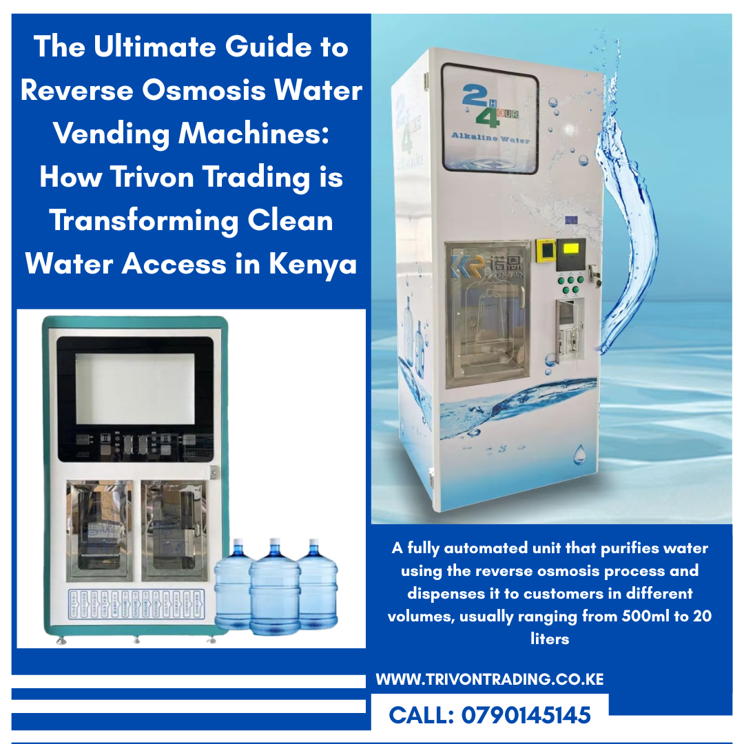 Title: The Ultimate Guide to Reverse Osmosis Water Vending Machines: How Trivon Trading is Transforming Clean Water Access in Kenya Access to clean, safe, and affordable drinking water is not just a necessity; it's a right. In recent years, the demand for purified water has soared due to increasing water contamination, urbanization, and growing public awareness of waterborne diseases. One of the most innovative and effective solutions that have emerged is the Reverse Osmosis (RO) Water Vending Machine. In this comprehensive guide, we delve deep into the world of RO water vending machines, their benefits, how they work, types available, and why Trivon Trading Company Limited is the best supplier in Kenya for all your water purification and vending equipment needs. What is a Reverse Osmosis Water Vending Machine? A Reverse Osmosis Water Vending Machine is a fully automated unit that purifies water using the reverse osmosis process and dispenses it to customers in different volumes, usually ranging from 500ml to 20 liters. These machines are typically installed in public places like residential estates, schools, hospitals, and business centers. The purification process involves removing salts, bacteria, viruses, heavy metals, and other impurities, making the water safe for human consumption. Users can purchase clean water by inserting coins, tokens, or using digital payment systems. How Does a Reverse Osmosis System Work? The reverse osmosis process involves forcing water through a semipermeable membrane under pressure. This membrane allows only water molecules to pass through while trapping contaminants. The typical RO system includes the following stages: Pre-Filtration (Sediment and Carbon Filters): Removes large particles, chlorine, and sediments. RO Membrane: Filters out up to 99% of dissolved solids and contaminants. Post-Filtration (Carbon Polishing): Enhances taste and odor. UV Sterilization: Eliminates any remaining bacteria and viruses. The end result? Crystal clear, pure, and great-tasting drinking water. Key Benefits of Reverse Osmosis Water Vending Machines 1. High-Level Purification RO systems can remove up to 99% of contaminants, including arsenic, lead, fluoride, chlorine, nitrates, and bacteria. 2. Cost-Effective Business Model Water vending is a low-maintenance, high-demand business opportunity. Entrepreneurs can recover their investment within months. 3. Scalable & Customizable From small cabinet machines for residential areas to high-volume industrial dispensers, RO vending machines are highly scalable. 4. Eco-Friendly Encourages the reuse of refillable bottles, thus reducing plastic waste. 5. 24/7 Operation Most RO vending machines can operate round-the-clock, ensuring constant access to clean water. 6. Digital Payment Integration Many machines come equipped with MPesa, card payment, and token options, providing flexibility and convenience. Different Types of Reverse Osmosis Water Vending Machines 1. Cabinet-Type RO Vending Machines Compact and stylish Ideal for urban estates and indoor installations Vends between 500ml to 20L 2. Outdoor/Booth-Type RO Vending Machines Built for outdoor environments Durable stainless steel or galvanized coating Equipped with larger storage tanks and cooling systems 3. Mobile RO Vending Units Mounted on vehicles Best for mobile delivery businesses or areas with no fixed water access 4. Customized Multi-Dispenser Systems Can serve several users simultaneously Perfect for high-traffic locations like universities and hospitals Why Invest in a Reverse Osmosis Water Vending Machine? In Kenya, many communities still lack consistent access to clean drinking water. The government and private sectors are actively encouraging water-based entrepreneurship to fill this gap. RO vending machines are an excellent way to: Start a profitable water business Empower local communities Reduce dependency on bottled water Promote sustainable environmental practices With minimal operational costs and high demand, water vending remains one of the most rewarding investments in the clean water sector. Why Choose Trivon Trading Company Limited? When it comes to reliable, high-quality water purification and vending solutions in Kenya, Trivon Trading Company Limited stands out as a trusted leader. Here’s why: 1. Wide Range of RO Water Vending Machines Trivon Trading offers a diverse selection of machines suitable for homes, businesses, schools, and public institutions. 2. Custom Solutions They understand that every client has unique needs. Whether you want a basic vending unit or a high-end multi-functional machine, Trivon can customize accordingly. 3. After-Sales Support They don’t just sell you a machine and disappear. Trivon offers professional installation, user training, and routine maintenance services. 4. Affordable Pricing Their products are competitively priced without compromising on quality. 5. Trusted Expertise With years of experience in water and dairy equipment, Trivon Trading has built a reputation for reliability and customer satisfaction. 6. One-Stop-Shop for All Water Equipment Apart from RO vending machines, Trivon also supplies bottle rinsers, filling and sealing machines, stainless steel tanks, water treatment systems, and more. Real-Life Applications in Kenya Schools & Universities: Provide affordable, clean water to students Estates & Apartments: Convenient and safe water access for tenants Hospitals & Clinics: Critical for ensuring patient safety Rural Areas: Sustainable solution where piped water is unreliable Businesses & Offices: Encourages hydration and wellness Frequently Asked Questions (FAQs) Q1: How much does a reverse osmosis vending machine cost? Costs vary depending on capacity, features, and level of customization. Trivon Trading provides options for all budgets. Q2: What is the maintenance like? Regular filter changes, periodic sanitization, and pump maintenance are essential. Trivon offers maintenance packages. Q3: Can the machine run on solar power? Yes, solar-compatible options are available upon request. Q4: How long does installation take? Installation is typically completed within 1–2 days depending on the complexity. Final Thoughts The need for clean drinking water is more critical than ever. By investing in a Reverse Osmosis Water Vending Machine, you’re not just starting a business – you’re making a difference. With a trusted partner like Trivon Trading Company Limited, you can rest assured that your venture is built on solid ground with high-quality equipment, expert guidance, and unparalleled support. Whether you are an entrepreneur looking to start a profitable water business or an institution wanting to offer clean water to your community, Trivon Trading has the solution for you. Contact Trivon Trading Today📞 0790145145📧 info@trivontrading.co.ke | trivontrading@gmail.com🌐 www.trivontrading.co.ke Trivon Trading Company Limited“Empowering Water and Dairy Businesses Across Kenya”