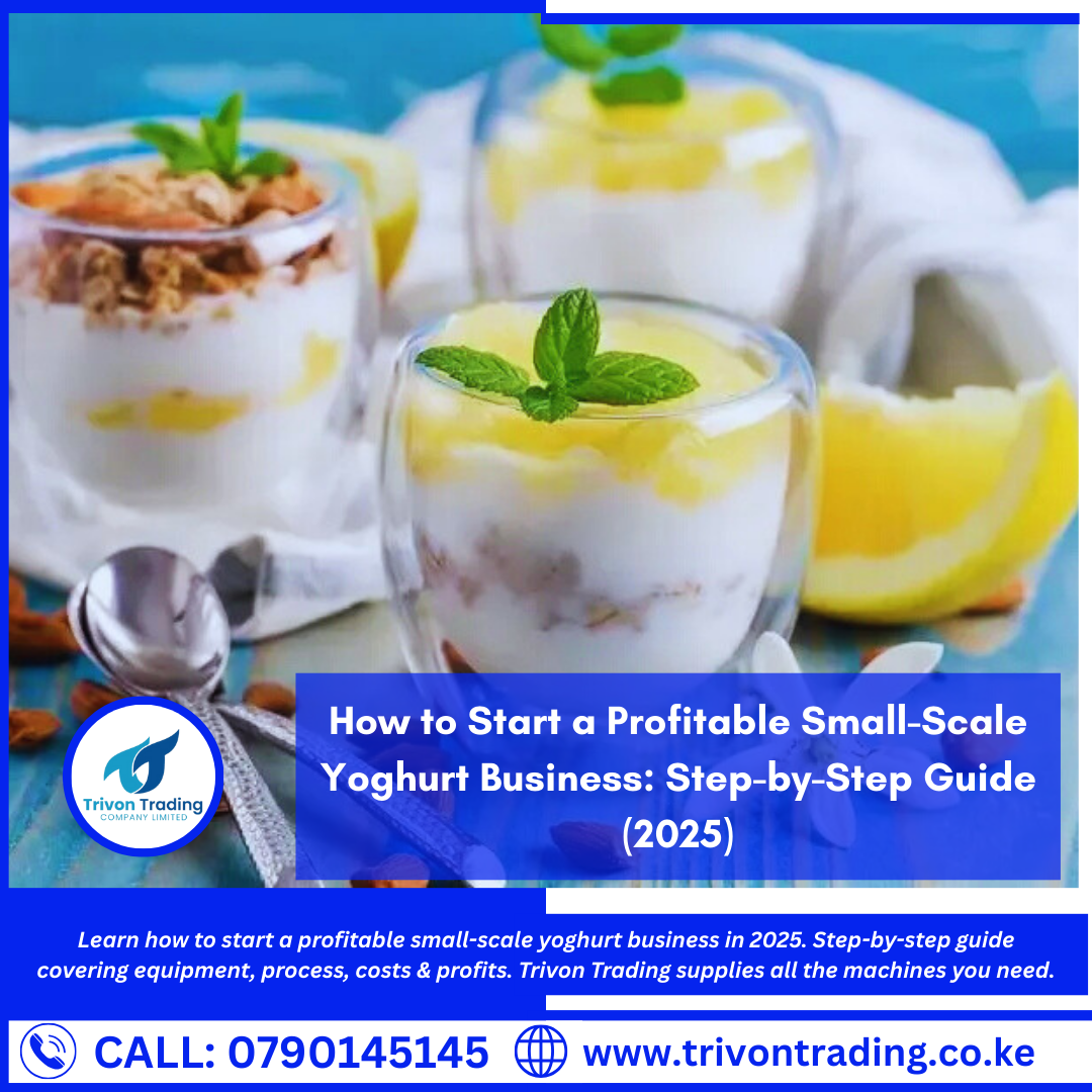 How to Start a Profitable Small-Scale Yoghurt Business: Step-by-Step Guide (2025) Yoghurt is one of the fastest-growing dairy products in Kenya and across Africa. With more people adopting healthier lifestyles, the demand for nutritious, probiotic-rich yoghurt is higher than ever. Starting a small-scale yoghurt business can be one of the most profitable ventures for entrepreneurs looking to tap into the dairy value chain. The best part? You don’t need millions to get started. With the right equipment, proper planning, and effective marketing, you can build a successful yoghurt brand right from a small processing unit. In this guide, we’ll walk you through: ✅ Why the yoghurt business is profitable ✅ Step-by-step process of starting your yoghurt manufacturing business ✅ Essential machines and equipment you’ll need (available at Trivon Trading Company Limited) ✅ Tips to grow and sustain your yoghurt business Why Start a Small-Scale Yoghurt Business in 2025? Before diving into the steps, let’s explore why this is a smart business idea: High Demand: Yoghurt is a staple in supermarkets, schools, hotels, restaurants, and even local kiosks. Health Conscious Consumers: More people are aware of probiotics, digestive health, and healthy snacking options. Profit Margins: With the right setup, yoghurt has excellent margins because milk is affordable and yoghurt can be sold at a premium price. Market Flexibility: You can start small by supplying local shops and expand to wholesale, supermarkets, or even export. Product Variety: Flavored yoghurt, Greek yoghurt, probiotic yoghurt – you can diversify as your business grows. Step-by-Step Guide to Starting a Small-Scale Yoghurt Business Step 1: Research and Business Planning Like any business, success begins with a solid plan. Study your target market – are you targeting supermarkets, schools, kiosks, or direct consumers? Research competitors – what brands are available, their packaging, and prices. Define your unique selling point (USP) – maybe natural flavors, affordability, or premium quality. Step 2: Choose a Suitable Location A good location ensures smooth operation and compliance with health standards. Your plant should be: Easily accessible for milk suppliers and distributors. Spacious enough to accommodate machines and allow hygienic processing. Compliant with county and KEBS health regulations. Step 3: Obtain Licenses and Certifications To operate legally and gain consumer trust, you’ll need: KEBS certification (for product quality and safety). Business permits and county health certificates. Dairy Board of Kenya registration if scaling up production. Step 4: Acquire Raw Materials Milk is your primary raw material. To maintain quality: Partner with reliable dairy farmers or cooperatives. Ensure milk is fresh and free from antibiotics and contaminants. Store it properly to avoid spoilage. Step 5: Invest in the Right Yoghurt Processing Equipment This is the most important part of your business. The right machines ensure efficiency, hygiene, and consistent quality. At Trivon Trading Company Limited, we supply modern, high-performance dairy processing equipment suitable for small, medium, and large-scale businesses. Here are the essential machines you’ll need: 1. Milk Pasteurizer Machine Function: Heats milk to destroy harmful bacteria without affecting nutrients. Why It’s Important: Pasteurization ensures safe, long-lasting yoghurt. Available Options: Batch pasteurizers (suitable for small-scale businesses). 📌 At Trivon Trading, we offer batch pasteurizer machines in various capacities, including 500L and 1000L. 2. Milk Chiller (1000L or custom sizes) Function: Rapidly cools milk after pasteurization and maintains the right temperature before fermentation. Why It’s Important: Prevents bacterial growth and ensures yoghurt maintains its fresh taste. 📌 Our milk chillers are made of stainless steel, durable, and energy-efficient. 3. Milk Homogenizer Function: Breaks down fat molecules in milk, ensuring smooth, consistent texture. Why It’s Important: Prevents cream separation in yoghurt, making it creamy and appealing. 📌 Trivon Trading supplies reliable milk homogenizers for small and medium processors. 4. Mixer Tank Function: Mixes milk with cultures, sugar, and flavors uniformly. Why It’s Important: Ensures a consistent product with balanced taste. 📌 Our stainless steel mixer tanks come in different sizes and are easy to clean. 5. Yoghurt Filling and Packing Machine Function: Fills yoghurt into cups, bottles, or pouches efficiently. Why It’s Important: Professional packaging builds brand trust and extends shelf life. 📌 We supply both manual and automatic filling stations with optional capping units. 6. Stainless Steel Storage Tanks & Packing Tables Function: Storage tanks keep processed yoghurt hygienically, while packing tables aid in clean, organized packaging. 📌 At Trivon Trading, we design custom stainless steel tanks and tables for dairy operations. Step 6: The Yoghurt Production Process Once you have the equipment, here’s the typical process: Milk Reception: Fresh milk is received and tested for quality. Pasteurization: Heated using a batch pasteurizer to kill bacteria. Cooling: Milk is cooled in a chiller to fermentation temperature. Inoculation: Starter cultures are added to begin fermentation. Fermentation: Milk is left to ferment until yoghurt texture and acidity develop. Homogenization: Yogurt is homogenized for smooth texture. Flavoring & Mixing: Fruits, sugar, or natural flavors added in mixer tanks. Packaging: Yoghurt is filled and sealed using a filling and capping machine. Storage & Distribution: Stored in cold rooms and distributed to shops, hotels, schools, etc. Step 7: Branding and Marketing Your yoghurt must stand out to win customers. Design attractive labels and packaging. Market through social media platforms, supermarkets, and local shops. Offer samples and promotions when starting out. Step 8: Distribution Channels Consider different distribution strategies: Direct sales to supermarkets and groceries. Supply to schools, restaurants, and hotels. Sell via local milk shops and ATMs. Explore online delivery services. How Much Does It Cost to Start a Small Yoghurt Business? The startup cost varies depending on your scale. On average: Small setup (100L–300L/day) can start from KES 300,000 – 800,000. Medium setup (500L–1000L/day) ranges from KES 1M – 3M. The good news is that you can start small and scale up as demand grows. Why Buy Your Dairy Equipment from Trivon Trading Company Limited? At Trivon Trading Co. Ltd, we provide: ✅ High-quality, food-grade stainless steel equipment. ✅ Machines for pasteurization, chilling, homogenization, mixing, filling, and storage. ✅ Equipment suitable for small, medium, and large-scale yoghurt businesses. ✅ Expert guidance on setup and business planning. ✅ Nationwide delivery and installation. 👉 Whether you’re just starting small or planning to scale, we’ll help you set up a profitable yoghurt processing plant tailored to your budget and space. 📞 Call/WhatsApp: 0790145145 📧 info@trivontrading.co.ke | trivontrading@gmail.com 🌐 www.trivontrading.co.ke Final Thoughts Starting a small-scale yoghurt manufacturing business in 2025 can be highly profitable if done right. By focusing on quality, hygiene, and branding, you can carve out a successful niche in the dairy industry. With the right machines from Trivon Trading Company Limited, you’ll have everything you need to process, package, and distribute yoghurt that customers will love. 👉 Don’t wait – turn your passion for dairy into profit today!