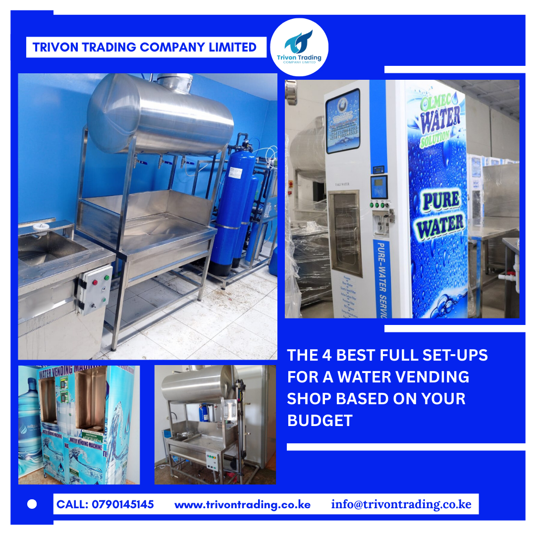 The 4 Best Full Set-Ups for a Water Vending Shop Based on Your Budget Introduction The demand for clean and safe drinking water continues to rise across towns, estates, schools, and institutions. For many entrepreneurs, this creates a golden opportunity: starting a water vending shop. With the right equipment, you can tap into this growing market and build a reliable, profitable business. But here’s the question most people ask: 👉 What kind of set-up should I use for my water vending shop? The truth is, not all water businesses are the same. Your ideal set-up will depend on your budget, customer base, and long-term goals. At Trivon Trading Company Limited, we provide tailored solutions for water businesses — from compact vending machines to large-scale purification plants. In this blog, we’ll walk you through the four main types of full set-ups for a water vending shop, explain their features, and help you decide which one works best for you. 1. First Set-Up: Reverse Osmosis Vending Cabinet + Bottle Washing Machine + Packaging Table This is one of the most budget-friendly options for setting up a water vending shop. How It Works The reverse osmosis (RO) vending cabinet handles both purification and vending. It filters raw water to remove bacteria, salts, and harmful chemicals, then dispenses purified water directly to customers. A bottle washing machine ensures that customers’ bottles are thoroughly cleaned before refilling. A packaging table provides space for sealing bottles, adding labels, or arranging them for delivery. Benefits of This Set-Up ✅ Low investment cost – ideal for entrepreneurs with limited capital. ✅ Compact size – perfect for shops with small spaces. ✅ Easy to operate and maintain. ✅ Best for start-ups testing the water business market. Who Is It For? Small-scale entrepreneurs. Shops located in estates, near schools, or in residential areas. Investors looking for a simple, entry-level business model. 2. Second Set-Up: Pure Water Vending Machine (Cabinet or Station Design) + Packaging Table This set-up is slightly more advanced than the first one and offers more convenience. How It Works The Pure Water Vending Machine is an all-in-one system that purifies and vends water. Some models come with an integrated bottle washing unit, which means you don’t need a separate washing machine unless you specifically request it. A packaging table completes the shop for bottling and branding. Benefits of This Set-Up ✅ Fewer machines required, saving space. ✅ Available in both cabinet design (indoor) and station design (outdoor, larger capacity). ✅ More efficient than the basic RO cabinet. ✅ Ideal for areas with moderate to high customer traffic. Who Is It For? Medium-budget entrepreneurs. Shops targeting estates, markets, and schools. Business owners who want convenience in one machine. 3. Third Set-Up: 3-in-1 Machine (Filling Station + Storage Tank + Purification + Bottle Washing) + Packaging Table This is a professional-grade set-up that combines everything you need in one compact system. How It Works The 3-in-1 machine includes: ✅ A filling station with a 500L or 1000L storage tank. ✅ An integrated purification system (RO or UF, depending on the water source). ✅ A built-in bottle washing option. The packaging table provides extra space for organizing, branding, and packaging bottles. Benefits of This Set-Up ✅ Handles purification, washing, and filling all in one machine. ✅ Storage tanks mean you can serve more customers continuously. ✅ Choice of RO system for salty/dirty water or UF system for council/spring water. ✅ Professional and efficient – gives your shop a modern appeal. Who Is It For? Entrepreneurs with higher budgets. Businesses located in areas with steady, high demand. Investors looking to build a medium-scale water business. 4. Fourth Set-Up: Reverse Osmosis Machine + Filling Station (500L/1000L Tank) + Bottle Rinser + Packaging Table This is the most advanced and large-scale set-up for a water vending business. How It Works A standalone reverse osmosis machine purifies large volumes of water. A filling station with a 500L or 1000L tank distributes the water. A bottle rinser ensures all containers are hygienically cleaned before refilling. A packaging table organizes and prepares water for customers or bulk delivery. Benefits of This Set-Up ✅ High production capacity – perfect for bulk buyers and institutions. ✅ Scalable – can easily expand into wholesale supply. ✅ Professional look – builds customer trust. ✅ Advanced purification ensures consistent quality. Who Is It For? Large-scale entrepreneurs with higher capital. Shops targeting schools, offices, and wholesale buyers. Investors planning a long-term, scalable business. Comparison Table of Water Vending Shop Set-Ups Set-Up Budget Level Capacity Best For RO Cabinet + Washer + Table Low Small Start-ups, small estates Pure Water Vending Machine + Table Medium Small-Medium Busy neighborhoods 3-in-1 Machine + Table Medium-High Medium-Large Medium-scale shops RO Machine + Filling Station + Rinser + Table High Large Bulk/wholesale shops Conclusion: Which Set-Up Should You Choose? The choice of a water vending shop set-up depends on: Your budget – Start with what you can afford and expand later. Your location – Busy estates, towns, and institutions require larger capacity. Your long-term goals – Decide if you want a small vending shop or a scalable wholesale business. ✅ If you’re just starting out: go for the RO vending cabinet set-up. ✅ If you want efficiency in one unit: choose the pure water vending machine. ✅ If you want professional-grade: the 3-in-1 set-up is ideal. ✅ For large-scale, long-term business: the full RO + filling station set-up is your best choice. At Trivon Trading Company Limited, we design and install all four set-ups, customized to fit your budget, water source, and business model. From small-scale shops to large-scale water plants, we ensure you get the right equipment and after-sales support. 👉 Ready to start your own water vending shop? Contact us today: 📞 0790145145 | 📧 info@trivontrading.co.ke | 🌐 www.trivontrading.co.ke