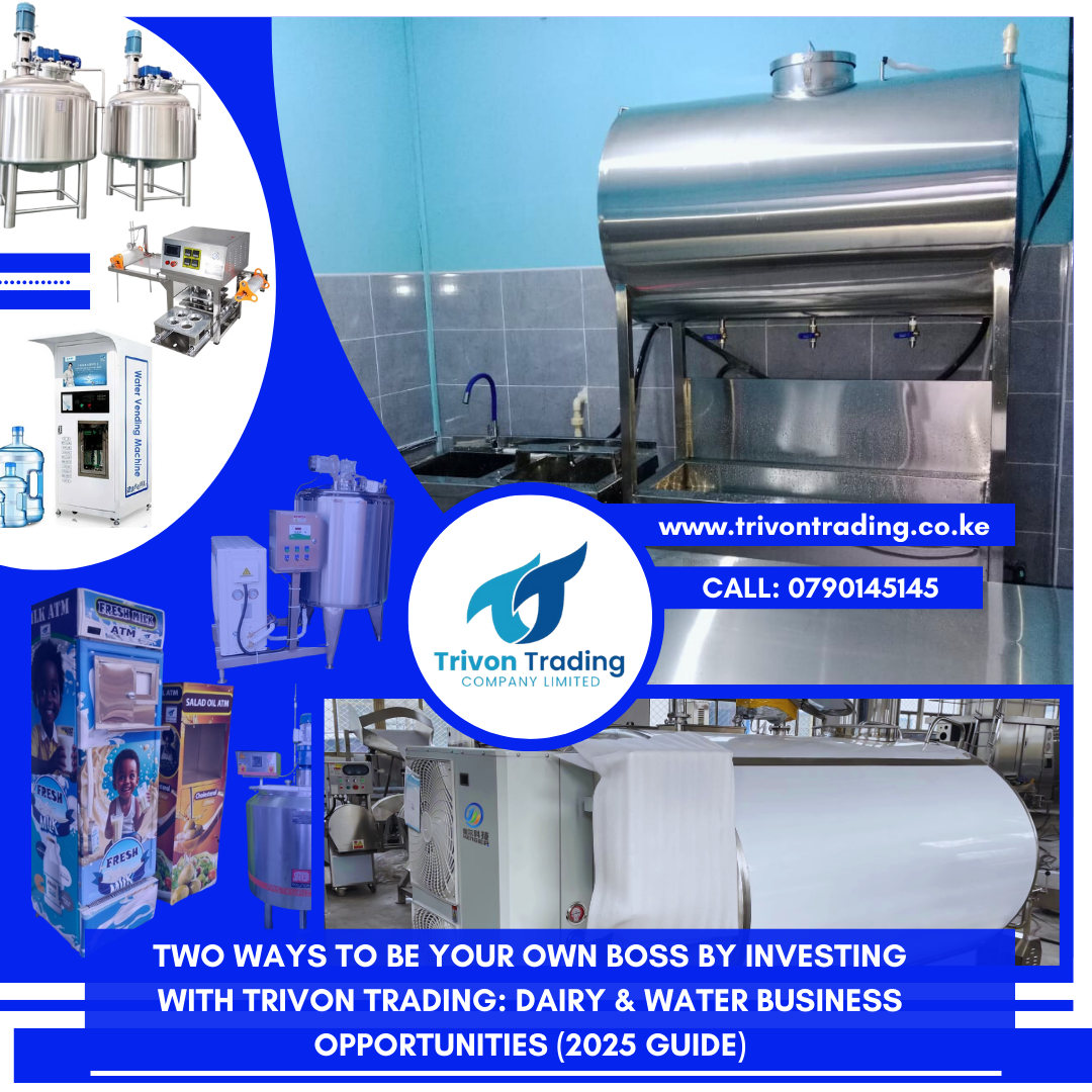 Two Ways to Be Your Own Boss by Investing with Trivon Trading: Dairy & Water Business Opportunities (2025 Guide) Introduction: Own a Practical Business People Need Every Day If you want a business with steady daily demand, you can’t go wrong with dairy and drinking water. These are essential products that sell in every season and in every neighborhood. At Trivon Trading Company Limited, we supply proven machines and turnkey setups that let you launch fast, operate hygienically, and scale as demand grows. This guide shows you two clear paths to entrepreneurship: A Dairy Business built around Milk ATMs and small processing, and A Water Business built around RO purification and vending/refilling. You’ll see several business models in each category, then we’ll highlight the single most profitable entry point in dairy and in water (based on typical startup cost, capacity, pricing, and payback). You’ll also get equipment lists, space/power notes, a simple cost–profit model, and marketing ideas to help you start strong. Part 1: Dairy Machines — Turning Milk into Money Dairy Business Models You Can Start with Trivon Trading Milk ATM Shop (Retail Dispensing) Sell fresh, chilled milk directly to walk-in customers (any quantity). Best for estates, high-footfall streets, supermarkets, school gates. Yoghurt Production (Small-Scale) Pasteurize milk, inoculate with culture, ferment, flavor, and pack. Supply kiosks, supermarkets, schools, offices; excellent margins. Cultured Milk / Mala Similar flow to yoghurt with different culture and targets. Popular in households; pairs well with milk ATM retail. Cheese & Value-Added Dairy Niche but premium; supply hotels, delis, pizzerias. Requires more process control and maturation time. Milk Cooling & Aggregation Buy from farmers, chill immediately, then sell to processors. Cash-flow friendly if you’re near production zones. Core Dairy Equipment We Supply Batch Pasteurizers (100–1000 L): safe, KEBS-friendly heating/holding. Milk Chillers & Cooling Tanks (100–2000 L): preserve quality and shelf life. Milk Homogenizers: stable, creamy texture in yoghurt/flavored milk. Fermentation Tanks / Mixer Tanks: controlled incubation and uniform mixing. Automatic/Manual Filling Lines: fast, hygienic packaging. Stainless Steel Storage Tanks, Sinks, Packing Tables: GMP-friendly workflow. Milk ATMs (100–500+ L): temperature-controlled vending with accurate dispensing. What Space & Power Look Like (Typical) Milk ATM Shop: 1.5–3 m² floor area; standard single-phase power. Small Yoghurt Plant: 10–25 m² depending on batch size; single/three-phase per equipment mix; good ventilation and drainage. Daily Operations Snapshot (Yoghurt) Receive & test milk → 2) Pasteurize → 3) Cool to inoculation temp → 4) Add culture → 5) Ferment → 6) Break/mix → 7) Flavor → 8) Pack → 9) Chill & distribute. Trivon Trading provides training on time–temperature profiles and cleaning (CIP/SSOPs). Cost–Profit Illustration: Milk ATM Illustrative, adjust to your local prices and foot traffic. Buy milk at KSh 50/L → Sell at KSh 65/L Gross margin ≈ KSh 15/L Throughput: 200 L/day → Gross profit ≈ KSh 3,000/day → ~KSh 90,000/month Overheads: rent, power, staff, licenses, consumables Common payback: 6–12 months for well-located shops Most Profitable Dairy Entry Point: Milk ATM Business Why it wins: Lowest barrier to entry vs full processing lines Fastest payback thanks to daily foot traffic Simple compliance pathway and small footprint Easy to add value later (yoghurt, flavored milk) using your same customer base Starter Package (Popular Request) Milk ATM (capacity 100–200 L) Back-up stainless steel storage (optional) Hygiene station: stainless sink/splash guard, soap, towels Packing table and branding kit (menu, price board, decals) Thermometer & basic test kit (lactometer, pH strips optional) Why Buy from Trivon Trading Food-grade stainless builds, accurate dispensing, reliable cooling Installation, training, and after-sales service Spare parts & quick support Part 2: Water Machines — Turning Purity into Profit Water Business Models You Can Start with Trivon Trading RO Water Refilling Shop (Most popular) Full setup with RO system (500–4000 LPH), filling station + holding tank, bottle rinser (jet-type), packing table, and hygiene fixtures. RO Water Vending Machine (Cabinet or Station) Automated coin/token/mobile pay vending in estates, campuses, hospitals. Bottled Water Line From semi-manual to automatic filling & capping (e.g., 2000 BPH line). Domestic RO Supply & Install Kitchen RO units for homes/offices (steady service revenue). Seawater Desalination For coastal/island properties; high value where fresh water is scarce. Core Water Equipment We Supply Reverse Osmosis Machines (500–4000+ LPH): multi-stage purification (sediment → carbon → cartridge → RO → UV/UF/mineralization if required). Filling Stations with 500/1000 L holding tanks: hygienic storage and smooth flow. Bottle Rinser (Jet-Type): cleans bottle interiors thoroughly before filling. Packing Tables (3×6 ft, 4×6 ft): efficient, stainless work surfaces. RO Vending Cabinets / Station Designs: automated dispensing (coin/card/mobile). Stainless Steel Storage Tanks, Sinks, Hand Wash Stations: GMP-oriented layout. Desalination Plants: marine-grade skids and anti-corrosion builds. Space & Power (Typical) RO Refilling Shop: 8–20 m² depending on RO capacity and flow layout; single/three-phase per pumps; proper drainage and ventilation recommended. Vending Cabinet/Station: compact footprint; protected outdoor or indoor location with clean inlet feed and power. Daily Operations Snapshot (Refilling Shop) Pre-filtration checks (pressure/flow) → 2) RO production to holding tank → 3) Bottle rinsing (jet-type) → 4) Filling at station → 5) Seal/Cap (manual/auto) → 6) Label/Pack → 7) Housekeeping/CIP. Trivon Trading offers operator training (TDS, pH, EC checks; filter change intervals; sanitation SOPs). Cost–Profit Illustration: RO Refilling Shop Illustrative, adjust to your local tariffs and demand. Production cost (power, filters, rent, labor, consumables): ≈ KSh 3–5 per liter Retail price (refill): ≈ KSh 30–50 per liter Gross margin: ≈ KSh 25–45 per liter Throughput: 1000 L/day → Gross profit ≈ KSh 25,000–45,000/day After overheads, payback is commonly within 6–12 months for strong locations. Most Profitable Water Entry Point: RO Water Refilling & Vending Shop Why it wins: High per-liter margin + daily repeat purchases Scales easily: begin at 500 LPH and expand to 2000–4000 LPH Cross-sell: deliver to offices, schools, restaurants; add vending cabinets in nearby estates Brandable: build local trust quickly with clean shop, uniforms, and seals Starter Package (Popular Request) RO System (choose 500/1000/2000/4000 LPH) Filling Station with 500/1000 L holding tank Bottle Rinser (Jet-Type) Packing Table (3×6 ft or 4×6 ft) Stainless Hand-washing Sink + hygiene kit Consumables: initial filter set, hoses, caps/seals, quality test kit (TDS/EC meter) Why Buy from Trivon Trading Proven RO designs with solid recovery and reliable pumps Hygienic stainless builds; clean layouts that pass audits more easily Installation, commissioning, and operator training Support on sizing, shop layout, piping, and after-sales parts Part 3: Which Model Should You Pick First? If your goal is fast market entry with essential products, here’s the simplest decision path: Choose Milk ATM if you already have good access to fresh milk (farmer/aggregator nearby), and your location has strong morning/evening foot traffic. You can upsell yoghurt later. Choose an RO Refilling Shop if your area lacks consistent safe drinking water or bottled water is expensive. Add a vending cabinet to capture after-hours sales or high-traffic points (estates, hospitals, campuses). Both models: Operate in small spaces Have affordable starter packages Offer quick payback with consistent daily demand Part 4: Budgeting, Compliance & Setup Tips Budgeting Smart Allocate 10–15% of your equipment budget for installation, initial consumables, and branding. Keep a two-month buffer for rent, utilities, and staff wages to breathe easy during your ramp-up period. Use starter promotions (e.g., “refill 5 times, 1 free” or “milk happy hour” early mornings). Compliance & Hygiene (General Guidance) Follow local health/quality standards (water tests, labeling, temperatures). Keep SOPs for cleaning, personal hygiene, pest control, and waste management. Record daily logs (temps, TDS, EC, chlorine residuals where applicable). Layout & Workflow Separate clean/dirty zones (e.g., incoming empty bottles vs. filled units). Provide hand-wash stations near entry and packing zones. Ensure good drainage and avoid water pooling around work areas. Part 5: Marketing That Works (Low Cost) For Milk ATM Morning & evening bundle offers (tea partners: bread/mandazi). Neighborhood WhatsApp groups: daily freshness posts. Loyalty cards: stamp per liter; reward at 10 stamps. Uniforms & signage to build trust. For RO Refilling Shop Door-to-door delivery to offices, salons, barbers, cyber cafés. Bulk discounts for schools & restaurants. Visible seals/QR codes to reinforce safety & authenticity. Place a vending cabinet in a nearby estate and label it with your shop’s number for support/refills. Part 6: Scale-Up Paths From Milk ATM → Micro Dairy Add a batch pasteurizer (200–500 L) + mixer/fermenter + homogenizer. Launch yoghurt or flavored milk lines for higher margins. From RO Refilling → Micro Bottling Add semi-auto/auto filling & capping (e.g., 2000 BPH line). Work with retailers and contractor supply (events, construction sites, gyms). Trivon Trading supplies all machines across these steps so you can grow in phases without switching vendors. Why Trivon Trading Company Limited? End-to-end supply: machines, stainless fixtures, installation, training, and service. Hygienic, food-grade builds that last and pass inspections more smoothly. Sizing & layout guidance so you buy the right capacity for your market. After-sales support with local parts and fast response. A portfolio spanning dairy (Milk ATMs, pasteurizers, homogenizers, chillers, mixer/fermenters) and water (RO, UF, vending cabinets/stations, bottle rinsers, filling stations, packing tables, desalination). Frequently Asked Questions (Quick Answers) Q1: How long until I break even? A: For well-located Milk ATMs and RO refilling shops, many owners see 6–12 months payback. Your pricing, foot traffic, and cost control will determine the exact timeline. Q2: How much space do I need? A: Milk ATM: as little as 1.5–3 m². RO refilling shop: typically 8–20 m² depending on capacity and packaging workflow. Q3: Can you help with installation and training? A: Yes—installation, commissioning, and operator training come with our setup packages. Q4: What about maintenance? A: We provide maintenance schedules (filter changes, lubrication, cleaning SOPs) and spare parts. Our support team is available for service calls. Q5: Can I start small and upgrade later? A: Absolutely. We’ll size you for today’s budget and plan a path to tomorrow’s demand, so upgrades are smooth and cost-effective. Conclusion: Two Practical Ways to Be Your Own Boss—Pick One and Start You don’t need an expensive franchise to become your own boss. With the right machines and a solid plan, you can build a steady cash-flow business that grows month after month. Dairy Path: Start with a Milk ATM, then expand to yoghurt/cultured products. Water Path: Start with an RO refilling shop, then add vending cabinets or an automatic filling line. Trivon Trading Company Limited is ready to supply, install, train, and support you at every step. Let’s turn your idea into a dependable business. Call to Action (Contact Trivon Trading) 📞 Call/WhatsApp: 0790145145 📧 Email: info@trivontrading.co.ke | trivontrading@gmail.com 🌐 Website: www.trivontrading.co.ke Trivon Trading Co. Ltd – Supplying Dairy & Water Solutions You Can Trust.