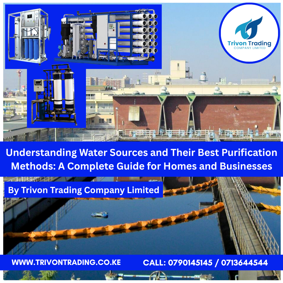 🧭 Understanding Water Sources and Their Best Purification Methods: A Complete Guide for Homes and Businesses By Trivon Trading Company Limited Clean and safe drinking water is not just a necessity — it’s a foundation of health, productivity, and sustainable living. However, not all water sources are created equal. Borehole water, river water, well water, tap water, rainwater, and even seawater all have unique characteristics that demand different purification systems. At Trivon Trading Company Limited, we believe that every water purification system should be designed according to the source of water, intended use, and available budget. That’s why we offer customized purification and vending systems to help individuals, institutions, and industries get reliable access to safe and great-tasting water. In this comprehensive guide, we’ll break down the most common water sources in Kenya and Africa and explain the best purification method for each. Whether you’re planning to start a water vending business, a bottled water plant, or simply want pure water for domestic use, this article will help you choose the right system. 💧 1. Borehole Water – Best Treated Using Reverse Osmosis (RO) or Ultra Filtration (UF) Systems Characteristics Borehole water is one of the most common sources in Kenya. While it’s abundant, it often contains high mineral content, fluoride, iron, and sometimes salts depending on the geology of the area. Without proper purification, borehole water can cause scaling in machines and health issues when consumed over time. Recommended Purification System The most effective method for treating borehole water is a Reverse Osmosis (RO) System or Ultra Filtration (UF) System. RO Systems remove dissolved solids, heavy metals, and fluoride, delivering clean, safe drinking water that meets international standards. UF Systems are suitable where the water is not very hard or salty, focusing on removing bacteria and suspended particles. For higher fluoride or salinity levels, RO is the preferred option. Trivon’s Recommended Setup Reverse Osmosis System (250 LPH – 10,000 LPH) Pre-Filtration Unit (Sand, Carbon & Cartridge Filters) UV Sterilizer Storage Tank and Filling Station With this setup, you can create a complete borehole water purification and vending station. 🌊 2. River or Surface Water – Best Treated with UF + RO Combination Systems Characteristics River or surface water sources are easily contaminated with silt, mud, organic matter, and bacteria. During rainy seasons, turbidity (cloudiness) increases, making it unsafe for direct use. Recommended Purification System For river water, a multi-stage purification process is essential: Sand Filtration – Removes large particles and mud. Carbon Filtration – Eliminates odor and organic matter. Ultra Filtration (UF) – Removes microscopic impurities and bacteria. Reverse Osmosis (RO) – Optional for high-quality drinking water output. UV Sterilization – Ensures microbiological safety. Trivon’s Recommended Setup UF + RO Combined System Bottle Rinser and Packaging Table Holding Tank for Clean Water This setup is ideal for bottled water plants, community projects, and schools relying on river water. 🚰 3. Tap or Municipal Water – Best Treated with Domestic RO or Carbon Filtration Systems Characteristics Municipal water is usually treated but may still contain chlorine, rust, and pipe contaminants picked up during distribution. The taste and odor are also common complaints. Recommended Purification System For tap or municipal water: Use a Domestic RO System (20–80 LPH) for complete purification. Alternatively, a Carbon Filter or Sediment Filter can improve taste and clarity for general use. Domestic RO purifiers remove chlorine, dissolved salts, and other impurities, making the water safe and refreshing for daily consumption. Trivon’s Recommended Setup Domestic Reverse Osmosis System (20–80 LPH) Under-the-sink or wall-mounted design for homes, offices, or small shops. These systems are compact, efficient, and perfect for families or offices. ☔ 4. Rainwater – Best Treated with Sediment Filters and UV Sterilization Characteristics Rainwater is one of the purest natural sources, but once it hits rooftops or storage tanks, it can pick up dust, debris, and bird droppings. Without treatment, it can harbor bacteria and pathogens. Recommended Purification System For rainwater: Use a Sediment Filter to remove particles. Install a UV Sterilizer to eliminate bacteria and viruses. A UF System can also be used for added protection. Include a First Flush Diverter to prevent early dirty rainwater from entering the tank. Trivon’s Recommended Setup Rainwater Filtration System (UF + UV) Storage Tank with Lid & First Flush Filter This is a cost-effective, eco-friendly solution for households, schools, and eco-lodges. 🌍 5. Well Water – Best Treated with Iron Removal + Carbon Filter + UV/RO System Characteristics Well water can vary depending on depth and soil composition. It often contains iron, manganese, and microorganisms. It may also appear reddish or have an unpleasant metallic taste. Recommended Purification System Iron Removal Filter – Removes excess iron and manganese. Carbon Filter – Improves taste and removes odor. UV Sterilizer or RO System – Final purification stage for safe drinking water. Trivon’s Recommended Setup Iron Removal Filter + Carbon Filter + UV/RO System Storage Tank for treated water This setup is ideal for both domestic and commercial users relying on well water. 🌊 6. Seawater – Best Treated Using Industrial Seawater Desalination Systems Characteristics Seawater is extremely saline and unsuitable for drinking or industrial use without desalination. It contains high levels of sodium, chloride, and other minerals. Recommended Purification System The best solution is a Seawater Reverse Osmosis Desalination System designed to handle high TDS (Total Dissolved Solids) levels. Trivon’s Recommended Setup Industrial Seawater RO System Pre-treatment Unit (Sand & Carbon Filters) Energy Recovery System for Efficiency Storage Tank and Optional Filling Station This setup is ideal for coastal resorts, industries, marine operations, and water vending projects along the Kenyan coast. 🧪 7. Why Water Testing Is Essential Before Choosing a Purification System Before installing any water purification system, it’s crucial to know exactly what contaminants are in your water. Water testing helps determine whether you need RO, UF, UV, or just basic filtration. At Trivon Trading Company Limited, we offer physical and chemical water testing to analyze parameters such as: pH level Hardness Iron content Total Dissolved Solids (TDS) Bacteria and microbial presence With this information, our experts recommend the most cost-effective and efficient purification system for your specific water source. ⚙️ 8. Trivon Trading Company Limited — Your Reliable Partner in Water Purification Solutions At Trivon Trading, we don’t just sell machines — we build complete purification systems tailored to your water source, business model, and budget. Our solutions include: Reverse Osmosis Machines (250LPH – 10,000LPH) Water Vending Machines (Cabinet & Station Designs) Filling Stations with 500L / 1000L Holding Tanks Bottle Rinser Machines (Brush Type & Jet Type) Pure Water Plants Domestic RO Systems (20–80 LPH) Seawater Desalination Units UF Machines and Industrial Filters We also provide installation, training, and after-sales support to ensure your water business runs smoothly. 📍 Contact Trivon Trading Company Limited 📍 Location: Thika Super Highway, Ruiru – Kimbo (Opposite NIBS College) 📞 Call / WhatsApp: 0790 145 145 | 0713 644 544 📧 Email: info@trivontrading.co.ke | trivontrading@gmail.com | info@trivontradingsales.co.ke | trivonsales@gmail.com 🌐 Website: www.trivontrading.co.ke 🧭 Conclusion No two water sources are the same, and neither should their purification systems be. Whether you draw water from a borehole, river, rain, or even the ocean, Trivon Trading Company Limited has the right solution for you. Our systems are designed for efficiency, durability, and quality output, helping you produce safe, purified water for your business or home. 💧 Trivon Trading – Building Water Purification Systems That Fit Your Needs, Business Model, and Budget.