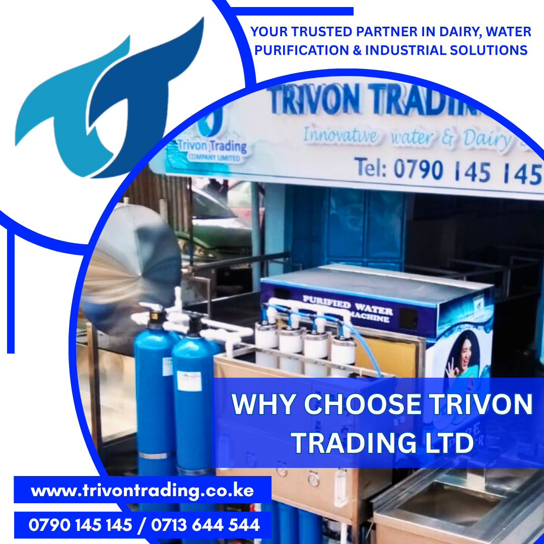 **Why Choose Trivon Trading Company Limited? Your Trusted Partner in Dairy, Water Purification & Industrial Solutions** In today’s fast-growing industrial, water treatment, and dairy processing sectors, choosing the right supplier and technical partner is one of the most important business decisions you can make. Whether you're investing in reverse osmosis systems, water vending machines, stainless steel equipment, milk processing machinery, or industrial-grade solutions, the quality of your supplier determines the quality of your success. For years, Trivon Trading Company Limited has positioned itself as one of Kenya’s most reliable manufacturers and suppliers of water purification machines, dairy equipment, stainless steel fabrication, and industrial processing technology—offering unmatched quality, service, and professionalism. If you're wondering why thousands of customers across Kenya, Uganda, Tanzania, South Sudan, Rwanda, and the DRC prefer Trivon Trading Limited, this comprehensive guide explains it all. 1. A Diverse Range of Products for Every Industry One of the biggest advantages of choosing Trivon Trading is the wide range of industrial and commercial equipment under one roof. The company serves multiple industries, including: Water Purification & Treatment Dairy Processing (Milk, Yogurt, Butter, Ghee, Ice Cream) Food & Beverage Manufacturing Cosmetics & Pharmaceutical Production Chemical & Detergent Manufacturing Hospitality, Schools & Institutions Retail Milk ATM & Water Vending Industrial Stainless Steel Fabrication Key Product Categories Include: 🟦 Water Treatment Systems Reverse Osmosis Systems (100 LPH – 10,000 LPH) Stainless Steel RO Machines Domestic under-sink RO Systems General Purpose Water Purification Plants Ultrafiltration (UF) Systems Sea Water Desalination Plants Water Vending Machines (Cabinet & Standalone type) 6-Tap, 4-Tap & 1-Tap Filling Stations RO Membranes & UF Membranes Water Bottling Line Equipment 🟩 Dairy Equipment Pasteurizers (Batch & Continuous) Bulk Milk Chillers (U-shaped, Ice Bank Type) Milk ATMs Milk Cooling Tanks Milk Storage Tanks Cream Separators, Butter Churners Fermentation Tanks for Yogurt & Mala Stainless Steel Mixing Tanks 🟨 Stainless Steel Fabrication Stainless Steel Tanks (500L – 50,000L) Steel Tower Tanks Industrial Coolers Processing Vessels Fermentation Tanks Customized industrial setups Having everything in one company saves time, reduces costs, and ensures that all machines fit well together during installation. 2. Quality Assurance: Built with Food-Grade Stainless Steel Trivon Trading is known for manufacturing equipment using SS304 or SS316 food-grade stainless steel, ensuring: No rust or corrosion Long lifespan Better hygiene (recommended by KEBS & WHO) Suitable for dairy, water, pharmaceuticals & food processing Unlike many low-budget suppliers, Trivon Trading ensures the quality of materials is never compromised. This is one reason the company has become a trusted name for both small businesses and large industries. 3. Advanced Technology & International Standards Trivon Trading integrates the latest purification and processing technologies, including: TFC RO Membranes UV Sterilization Antiscalant Dosing Systems Birm Filters for Iron & Manganese Multi-Media Filtration High-Pressure Pumps Fully Automatic PLC Control Panels UPVC or SS high-pressure piping CIP (Clean-In-Place) Technology for dairy This ensures the machines meet international standards for safety, hygiene, and efficiency. 4. Custom-Built Solutions for Businesses of All Sizes Every business is unique, and Trivon Trading understands that. Whether you need: ✔ A small water vending shop setup ✔ A complete dairy processing line ✔ An industrial RO purification plant ✔ A custom stainless steel tank ✔ A full bottling line installation ✔ A customized room layout Trivon Trading builds equipment according to your space, budget, and production needs. This level of customization is rare in the industry and one of the top reasons customers trust the company. 5. Skilled Technicians & Professional Installations A high-quality machine requires high-quality installation. Trivon Trading has a team of trained technicians who handle: Machine assembly On-site installation Testing & commissioning Staff training After-sales service and maintenance This ensures customers not only receive a machine—but a complete working system ready for production. 6. Excellent After-Sales Support & Readily Available Spare Parts Unlike many suppliers who disappear after selling, Trivon Trading is known for: Quick response technical support Warranty on machines Affordable maintenance services Availability of all spare parts Free troubleshooting assistance This level of after-sales support has built long-term trust with customers across East Africa. 7. Affordable Pricing Without Compromising Quality Trivon Trading provides factory-direct prices, making it possible for: Startups Small to medium businesses Schools, hotels & organizations Large industrial manufacturers to afford durable, high-quality equipment without stretching their budget. 8. A Strong Reputation Across Kenya & East Africa Trivon Trading has supplied equipment to: Hundreds of water shops Dairy factories Milk bar businesses NGOs & Government institutions Schools & hospitals Food & beverage manufacturers Hospitality industry Large industries Satisfied customers consistently praise the company for: Reliability Honesty Fast delivery Professionalism Product durability This reputation has made Trivon Trading a household name in the industrial equipment sector. 9. Fully Certified, Safe & Energy-Efficient Systems All machines are built to meet: KEBS requirements MOH hygiene guidelines Industrial safety standards Water purification systems meet WHO & FDA standards for: TDS reduction Bacteria elimination Heavy metal removal Dairy equipment complies with: Food safety regulations Stainless steel grading standards Pasteurization guidelines 10. End-to-End Business Solutions Trivon Trading is not just a machine supplier—it is a business partner. The company provides complete solutions, including: Business guidance Water shop layouts Dairy plant design Custom industrial fabrication Branding & marketing advice (On request) Technical support for scaling production This makes it ideal for both beginners and experienced investors. Conclusion: Why Choose Trivon Trading Company Limited? If you want quality, reliability, long-lasting equipment, and professional support, Trivon Trading Company Limited stands out as the best partner for your dairy, water, or industrial production needs. With: High-quality stainless steel Skilled technicians Custom solutions A wide product range Fair prices Fast service Proven expertise And full customer support Trivon Trading remains the preferred supplier for thousands of businesses across East Africa.