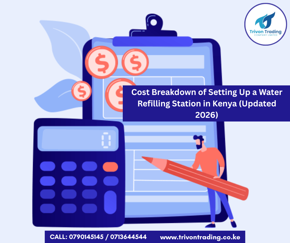 Introduction The water refilling business continues to be one of the most stable, high-demand, and fast-growing businesses in Kenya in 2026. With rising bottled water prices, unreliable municipal supply, and increasing health awareness, more households, estates, and institutions are turning to water refilling stations for affordable clean drinking water. However, one of the most common questions aspiring entrepreneurs ask is: “How much does it really cost to set up a water refilling station in Kenya?” The answer depends on: The capacity of the purification system The type of water source The level of automation The quality of equipment used Compliance with public health regulations This guide provides a complete, transparent, and updated 2026 cost breakdown, based on real market prices and Trivon Trading Company Limited’s official catalogue pricing. It is designed to help you: Budget accurately Choose the right system size Avoid unnecessary expenses Start a compliant and profitable water refilling business Understanding a Water Refilling Station Business A water refilling station is a facility that purifies water and sells it to customers who bring their own containers, typically 10L, 20L, or 25L jerricans. Why Water Refilling Is Profitable in Kenya Low startup cost compared to bottled water plants High daily demand in residential areas Minimal wastage Fast return on investment (ROI) Flexible scaling (you can upgrade capacity later) Types of Water Refilling Stations in Kenya Before discussing costs, it’s important to understand the different business models, as each has a different budget range. 1. RO-Based Water Refilling Station Uses Reverse Osmosis (RO) to purify borehole, well, or municipal water. Best for: Borehole water High TDS water Areas with salinity or hardness 2. Pure Water / Secondary Filtration Station Uses sand filters, carbon filters, UV or UF filtration. Best for: Already treated municipal water Buying purified water from licensed suppliers 3. Cabinet Water Vending Machine An all-in-one machine with filtration, filling taps, and bottle rinsers. Best for: Small spaces Low startup budgets First-time entrepreneurs Step 1: Choosing the Right Water Source Your water source determines the type and cost of the system you need. Common Water Sources in Kenya Borehole water (high TDS, minerals, sometimes salinity) Municipal (county) water Spring or shallow well water Purchased purified water (for pure water vending setups) 👉 Reverse Osmosis (RO) is recommended for boreholes and hard water, while pure water / secondary filtration systems are suitable for already treated water. Step 2: Cost of Water Purification Systems (2026 Catalogue Prices) This is the largest and most important investment in your business. Small-Capacity RO Systems (Entry Level) These are ideal for: Small estates Low-demand areas Home-based or startup refilling businesses Capacity Price (KES) 125 LPH 150,000 250 LPH 350,000 500 LPH 550,000 💡 Best for testing the market or supplementing existing water supply. 🔹 Medium-Capacity RO Systems (Commercial) These are the most popular systems for water refilling stations. Capacity Price (KES) 750 LPH 650,000 1,000 LPH 750,000 1,500 LPH 950,000 ✔ Ideal for busy estates ✔ Faster ROI ✔ Can support delivery services 🔹 High-Capacity Industrial RO Systems Designed for: High-volume refilling stations Distribution businesses Institutions and commercial supply Capacity Price (KES) 2,000 LPH 1,300,000 3,000 LPH 2,000,000 5,000 LPH 3,500,000 10,000 LPH 7,000,000 👉 These systems require larger storage tanks, proper drainage, and strong electrical supply. Step 3: Water Storage Tanks Cost Storage ensures continuous filling even when the RO is running. Tank Type Capacity Cost (KES) Plastic Tank ( Mostly required for raw water or when using already purified water) 500–1,000L 10,000 – 25,000 Stainless Steel Tank 1,000–10,000L 120,000 – 900,000 Elevated Steel Tower Tank Custom 480,000 – 7,000,000 💡 Stainless steel tanks are recommended for hygiene and longevity. Step 4: Filling Stations (3–6 Taps) Type Cost (KES) 2-3 Tap Filling Station 45,000 – 70,000 4–6 Tap Filling Station 70,000 – 120,000 Digital Flow Meter Add-on +20,000 – 40,000 Step 5: Bottle Rinsers (Mandatory for Hygiene) Type Cost (KES) Single Bowl Jet-Type – 50,000 Double Bowl Jet-Type – 100,000 Brush-Type Rinser 300,000 – 500,000 Step 6: Packing Tables Size Cost (KES) 2×4 ft 25,000 2×6 ft 30,000 4×6 ft 40,000 Step 7: Licenses & Permits (2026) For Refilling Only Business Permit: 20,000 Public Health Certificate: 20,000 Medical Certificates: 1,000 If Bottling or Packaging KRA PIN & compliance KEBS certification Lab water testing reports 👉 Trivon Trading provides water testing services and compliance guidance. Step 8: Installation & Setup Costs Item Cost (KES) Plumbing & Piping 20,000 – 60,000 Electrical Works 15,000 – 40,000 Water Testing 5,000 – 15,000 Optional but Highly Recommended Equipment To increase professionalism, hygiene, and output: Insect Killer (fly & mosquito control) Heat Gun (shrink sealing) Handheld Bottle Capping Machine Automatic Filling, Bottling & Packing Machines Total Startup Cost Summary (2026) Small Setup (125–250 LPH) KES 250,000 – 500,000 Medium Setup (500–1,000 LPH) KES 700,000 – 1.5M High-Capacity Setup (2,000+ LPH) KES 2M – 5M+ Profit Potential & ROI Selling price: KES 5–10 per litre Daily volume: 500 – 3,000 litres Monthly revenue: KES 75,000 – 450,000+ ROI: 6–12 months Why Choose Trivon Trading Company Limited? ✔ Custom system design ✔ Catalogue-based transparent pricing ✔ Stainless steel fabrication experts ✔ Full business setup & after-sales support ✔ Serving Kenya & East Africa 📞 0790 145 145 | 0713 644 544 🌐 www.trivontrading.co.ke