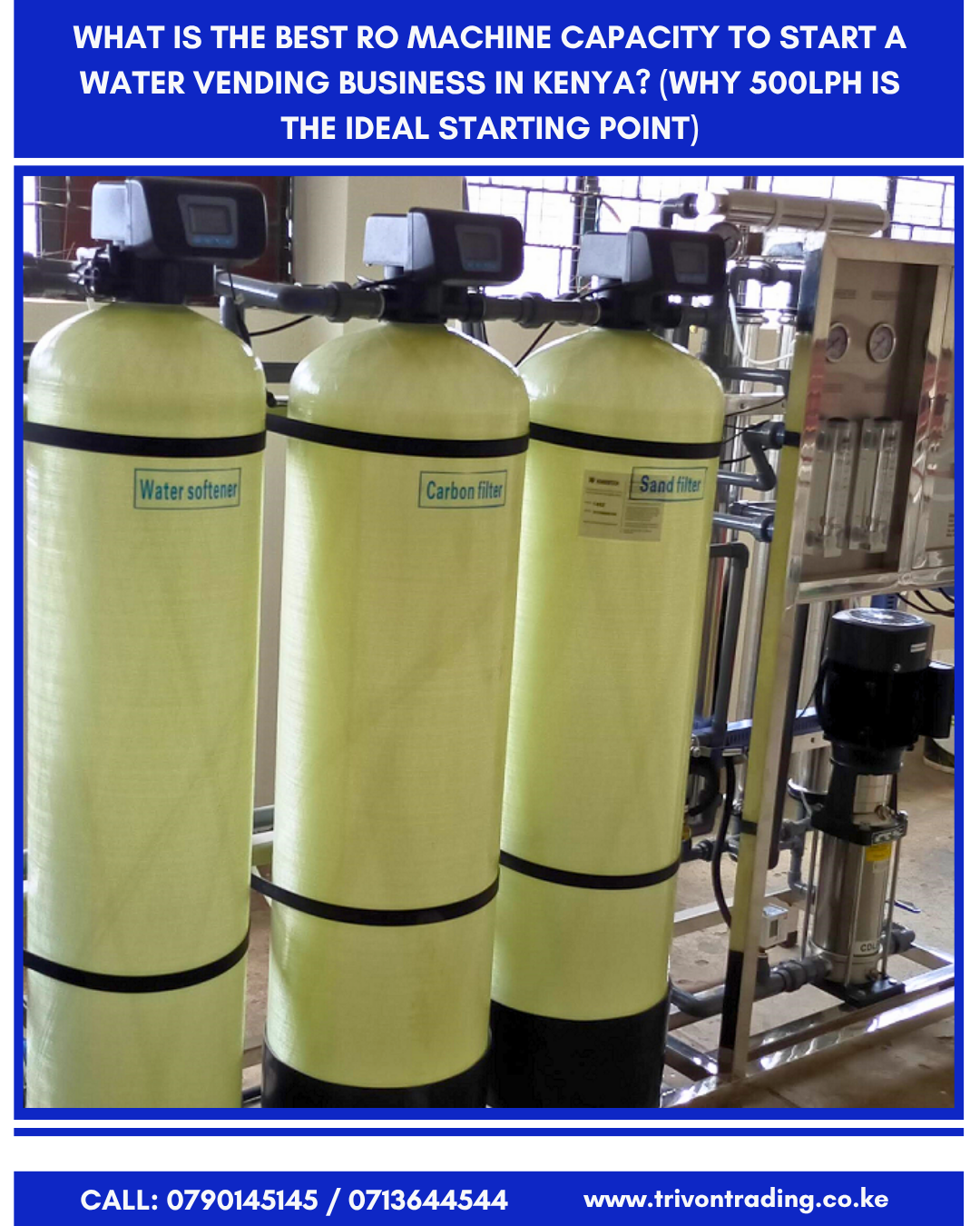 Starting a water vending business is one of the most promising opportunities in Kenya due to the increasing demand for safe, affordable, and reliable drinking water. However, one of the biggest decisions every entrepreneur must make before investing is: What Reverse Osmosis (RO) machine capacity should I start with? Many new investors make the mistake of either buying a machine that is too small and quickly outgrow it, or buying a very large system that increases their initial investment without utilizing its full capacity. The goal is to find a balance between: ✔ Affordable startup cost ✔ Enough production capacity ✔ Ability to serve customers efficiently ✔ Room for future business growth For most new water vending businesses in Kenya, a 500 Litres Per Hour (LPH) Reverse Osmosis system is one of the best starting points. This guide explains why a 500LPH RO machine is often recommended for beginners, what it can produce, when to upgrade, and how to build a scalable water purification business. Understanding RO Machine Capacity (LPH Explained) Before choosing a system, it is important to understand what RO capacity means. LPH means Litres Per Hour. A 500LPH RO machine means the system can produce approximately: 500 litres of purified water every hour under normal operating conditions. However, actual production depends on: Water source quality Incoming water pressure Temperature Membrane condition Pre-treatment system efficiency For a commercial water vending business, capacity determines: Number of customers you can serve Daily production volume Business growth potential Why Choosing the Right RO Capacity Matters Your RO machine is the heart of your water vending business. Choosing the wrong capacity can create challenges. Starting Too Small Some entrepreneurs begin with very small systems because they want to reduce startup costs. For example: 100LPH or 200LPH systems may appear affordable, but they can become limiting when: Customer numbers increase Delivery orders grow Offices and institutions start ordering Peak-hour demand increases A small machine may force customers to wait longer, affecting customer satisfaction. Starting Too Large On the other hand, installing a very large industrial RO system at the beginning can create unnecessary expenses. Challenges include: Higher purchase cost Higher electricity consumption More maintenance requirements Underutilized production capacity A business should grow its equipment alongside demand. Why a 500LPH RO Machine Is the Recommended Starting Capacity For many new water vending businesses in Kenya, a 500LPH Reverse Osmosis machine provides the ideal balance between investment and growth. Here is why: 1. It Provides Enough Production for a Growing Business A 500LPH RO system can produce approximately: 500 litres per hour 4,000–6,000 litres during a normal working day depending on operating hours This is enough to support: ✔ Walk-in refill customers ✔ 20L bottle refills ✔ Small delivery operations ✔ Offices and local businesses 2. It Allows Room for Business Growth When starting a water vending business, your customer base grows gradually. A 500LPH system gives you enough capacity to: Build your customer base Establish your brand Test your location Generate revenue before expanding Instead of replacing equipment quickly, you can upgrade when demand justifies it. 3. Better Return on Investment A good business investment should generate income before requiring major expansion. A 500LPH system allows entrepreneurs to: Start professionally Maintain manageable operating costs Recover investment faster Expand using generated profits 4. Suitable for Borehole Water Treatment Many Kenyan water vending businesses use borehole water as their main source. However, borehole water often contains: High TDS Minerals Salts Iron Hardness A properly designed 500LPH RO system combined with correct pre-treatment can effectively handle many borehole water challenges. A complete system may include: ✔ Sand filter ✔ Carbon filter ✔ Water softener (where required) ✔ Cartridge filters ✔ Reverse Osmosis membrane system ✔ UV sterilization ✔ Pure water storage tanks What Does a Complete 500LPH Water Vending Setup Include? A professional water refill station requires more than just an RO machine. A complete setup normally includes: 1. Water Storage Tanks Separate tanks for: Raw water storage Purified water storage 2. Pre-Treatment System Protects the RO membranes by removing larger contaminants. Includes: Sediment filtration Carbon filtration Mineral treatment depending on water quality 3. Reverse Osmosis Machine The main purification unit. A commercial Reverse Osmosis Machines removes dissolved contaminants and improves water quality. 4. UV Sterilization Provides additional microbial protection. 5. Bottle Rinsing System A professional business should maintain proper hygiene during bottle handling. Equipment such as a Single Bowl (Jet-Type) Bottle Rinser helps clean bottles before filling. 6. Filling Station A filling station improves speed and customer experience. A system such as a 6 Taps Manual Filling Line allows multiple bottles to be filled efficiently. How Many Customers Can a 500LPH RO Machine Serve? This depends on customer behavior and operating hours. Example: A 500LPH machine operating for 8 hours can theoretically produce: 500 × 8 = 4,000 litres/day This can serve approximately: 200 customers buying 20 litres each OR A combination of household refills, deliveries, and business customers Actual sales depend on: Location Pricing Competition Marketing The machine provides the capacity — the business strategy creates the demand. When Should You Upgrade Your RO Capacity? A common mistake is upgrading too early. Upgrade when your current system is consistently reaching its limits. Signs you need a bigger system: ✔ Customers are waiting too long ✔ You are operating the machine continuously every day ✔ You cannot meet delivery demand ✔ Institutional orders exceed capacity ✔ Sales are consistently increasing At this point, upgrading to: 1000LPH 2000LPH Higher industrial systems may be appropriate. Common Mistakes When Choosing an RO Machine Capacity 1. Choosing Capacity Based Only on Price The cheapest option is not always the best investment. Consider: Future growth Maintenance costs Production needs 2. Ignoring Water Testing Capacity alone does not determine success. Your system must match your water quality. Borehole water should be tested for: TDS pH Hardness Iron levels Salinity 3. Buying Without Considering Expansion A good setup should allow future upgrades. Why Trivon Trading Recommends Starting With 500LPH At Trivon Trading, we understand that most entrepreneurs want to start carefully while building a profitable business. For many new water vending businesses, we recommend: Start with a properly designed 500LPH RO system and upgrade as your customer base grows. This approach allows you to: ✔ Reduce unnecessary startup costs ✔ Start with professional equipment ✔ Serve customers efficiently ✔ Expand when demand increases Our water solutions include: Reverse Osmosis Systems Water Vending Stations Bottle Rinsers Filling Lines Storage Tanks Complete purification setups Final Thoughts Choosing the right RO capacity is one of the most important decisions when starting a water vending business in Kenya. While there are many options available, a 500LPH Reverse Osmosis system provides an excellent starting point for most entrepreneurs because it offers: ✔ Enough production capacity ✔ Affordable investment ✔ Business growth flexibility ✔ Professional operation standards The best approach is not always to start with the biggest machine — it is to start with the right machine and upgrade as your business grows. A well-designed 500LPH water vending setup can become the foundation of a successful and scalable clean water business.
