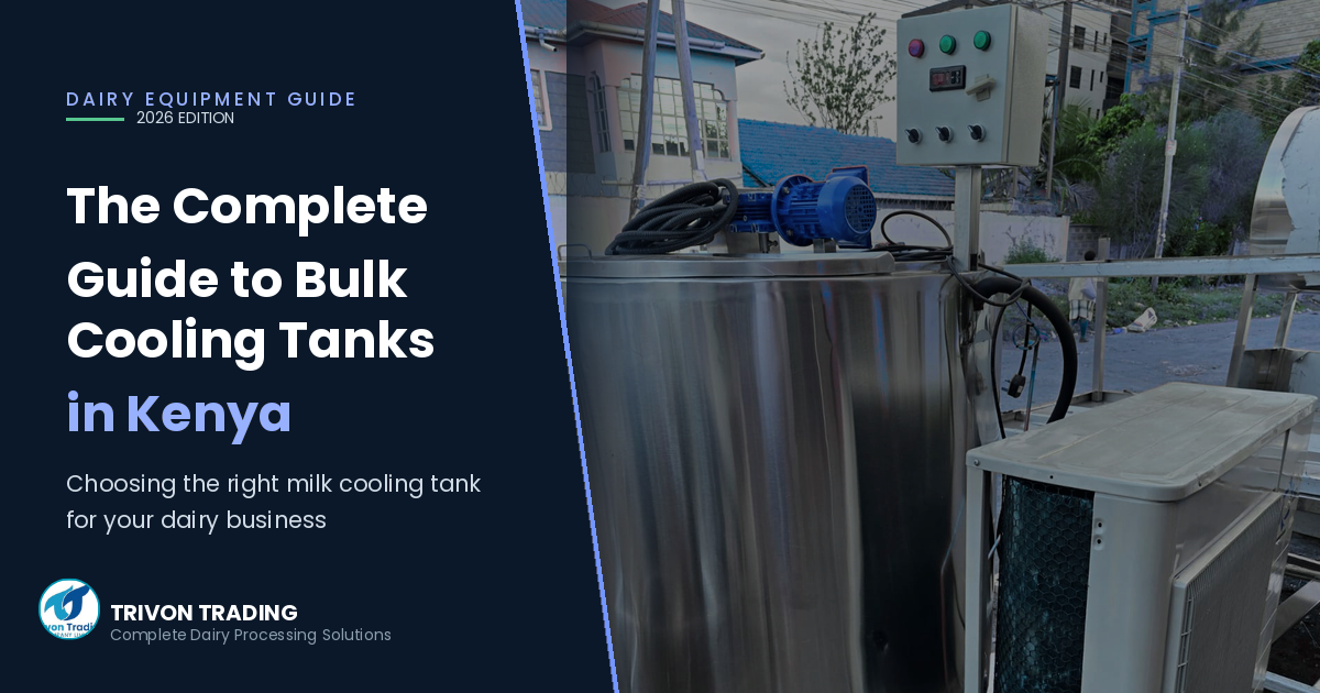 Kenya's dairy industry is one of the country's fastest-growing agricultural sectors, supplying millions of litres of milk every day to households, processors, hotels, schools, and manufacturers. However, producing quality milk is only half the journey—the real challenge is keeping it fresh after milking. Without proper cooling, milk begins to deteriorate almost immediately. Harmful bacteria multiply rapidly, quality declines, and farmers risk losing income due to spoilage or rejected deliveries. This is where bulk cooling tanks become an essential investment. Whether you are a dairy farmer, milk collection centre, cooperative society, processor, or investor planning to venture into dairy processing, choosing the right bulk cooling tank can significantly improve product quality, profitability, and business growth. In this comprehensive guide, we'll cover: What a bulk cooling tank is How it works Why it is essential for dairy businesses Different capacities available Features to look for before buying Estimated prices in Kenya Common buying mistakes Why working with a trusted supplier matters What Is a Bulk Cooling Tank? A bulk cooling tank, also known as a bulk milk cooler, is a stainless-steel insulated tank designed to cool freshly collected milk rapidly and maintain it at a safe storage temperature until transportation or processing. Its main purpose is to: Rapidly reduce milk temperature Slow bacterial growth Preserve freshness Maintain milk quality Extend storage time Modern cooling tanks automatically maintain milk between 2°C and 4°C, the recommended temperature range for safe milk storage. Why Bulk Cooling Tanks Are Important Fresh milk is highly perishable. Immediately after milking, bacteria begin multiplying if the milk is not cooled quickly. Without proper cooling, farmers may experience: Milk spoilage Reduced shelf life Lower selling prices Rejected milk deliveries Financial losses A bulk cooling tank protects your investment by preserving milk quality from the moment it is collected. Who Needs a Bulk Cooling Tank? Bulk cooling tanks are ideal for: Dairy Farmers Farmers producing moderate to large quantities of milk can safely store milk before delivery. Milk Collection Centres Collection centres receive milk from multiple farmers throughout the day. Cooling tanks maintain consistent quality before transportation. Dairy Cooperatives Cooperatives use cooling tanks to consolidate milk from members while maintaining freshness. Milk Processing Plants Processors require chilled milk before pasteurization and packaging. Yogurt and Dairy Product Manufacturers Milk quality directly affects: Yogurt Cheese Butter Cream Ice cream Maintaining low temperatures improves final product quality. How Does a Bulk Cooling Tank Work? The process is simple but highly efficient. Step 1: Milk Collection Fresh milk enters the tank immediately after milking. Step 2: Rapid Cooling The refrigeration system quickly lowers milk temperature. Step 3: Agitation An internal agitator gently stirs the milk to ensure even cooling and prevent cream separation. Step 4: Temperature Maintenance The tank automatically maintains the desired temperature until milk is transported or processed. Benefits of Using a Bulk Cooling Tank Investing in a quality cooling tank offers numerous advantages. Improved Milk Quality Rapid cooling preserves freshness and reduces bacterial growth. Reduced Spoilage Proper cooling significantly lowers milk losses. Higher Selling Prices Processors often pay better prices for high-quality chilled milk. Increased Storage Capacity Cooling tanks allow businesses to store larger quantities before transportation. Compliance with Food Safety Standards Maintaining correct storage temperatures supports food safety and dairy industry best practices. Types of Bulk Cooling Tanks Different businesses require different cooling capacities. Small Bulk Cooling Tanks Suitable for: Small dairy farms Startup dairy businesses Typical capacities: 100 litres 200 litres 300 litres 500 litres Medium Cooling Tanks Ideal for: Growing farms Collection centres Typical capacities: 1,000 litres 2,000 litres 3,000 litres Large Industrial Cooling Tanks Designed for: Processing plants Dairy cooperatives Commercial milk processors Capacities may exceed: 5,000 litres 10,000 litres 20,000 litres Features to Consider Before Buying Choosing the right cooling tank requires careful evaluation. 1. Capacity Estimate both your current production and future growth. Buying a slightly larger tank often provides better long-term value. 2. Food-Grade Stainless Steel Choose tanks manufactured using high-quality stainless steel because it is: Hygienic Rust-resistant Easy to clean Durable 3. Efficient Cooling System A reliable compressor ensures rapid cooling and consistent temperatures. 4. High-Quality Insulation Good insulation helps maintain temperature while reducing electricity consumption. 5. Automatic Temperature Control Digital controls improve consistency and simplify operation. 6. Agitation System A properly designed agitator keeps milk evenly cooled without damaging its quality. Where Can You Buy Bulk Cooling Tanks in Kenya? When investing in dairy equipment, quality, technical support, and after-sales service are just as important as the purchase price. One trusted supplier is Trivon Trading. The company supplies: Bulk Milk Cooling Tanks Milk Chillers Batch Pasteurizer Tanks Stainless Steel Processing Tanks Dairy Processing Equipment Food-Grade Fabrication Solutions Their systems are designed to meet the needs of: Dairy farmers Milk collection centres Cooperatives Dairy processors Estimated Bulk Cooling Tank Prices in Kenya (2026) Pricing depends on: Capacity Cooling technology Stainless steel quality Automation features Custom fabrication Estimated Price Guide Capacity Estimated Price (KES) 100–300 Litres 120,000 – 350,000 500–1,000 Litres 400,000 – 900,000 2,000–5,000 Litres 1M – 3M Industrial Systems From 3M+ Request a customized quotation to match your production requirements. Common Mistakes Buyers Make Avoid these costly mistakes: Buying Based on Price Alone Cheap tanks often have poor insulation, lower-grade materials, and unreliable cooling systems. Choosing the Wrong Capacity An undersized tank limits growth, while an oversized one may increase unnecessary costs. Ignoring After-Sales Support Cooling systems require maintenance, servicing, and spare parts. Choose a supplier that provides ongoing technical assistance. Poor Installation Improper installation can reduce cooling efficiency and shorten equipment lifespan. Professional installation is recommended. Maintenance Tips To maximize the lifespan of your bulk cooling tank: ✔ Clean the tank after every use ✔ Inspect refrigeration components regularly ✔ Monitor temperature readings ✔ Service compressors as recommended ✔ Check agitators and seals Preventive maintenance improves efficiency and reduces repair costs. Why Businesses Choose Trivon Trading Businesses across Kenya trust Trivon Trading because the company offers more than equipment—it provides complete dairy processing solutions. Their product range includes: Bulk Milk Cooling Tanks Batch Pasteurizers Milk Chillers Stainless Steel Storage Tanks Dairy Processing Equipment Water Treatment Systems Customers also benefit from: ✔ Professional consultation ✔ Equipment sizing advice ✔ Installation support ✔ After-sales service ✔ Spare parts availability Whether you're starting a small dairy farm or expanding a commercial processing plant, having the right equipment and support can make a significant difference. Final Thoughts A bulk cooling tank is one of the most valuable investments you can make in a dairy business. It protects milk quality, reduces spoilage, improves profitability, and helps meet the standards expected by processors and consumers. The right tank should match your production needs today while allowing room for future growth. If you're planning to purchase a bulk cooling tank in Kenya, work with experienced suppliers like Trivon Trading, who can help you choose the right capacity, install the system correctly, and provide ongoing technical support. Investing in reliable cooling equipment today is an investment in the long-term success of your dairy business.