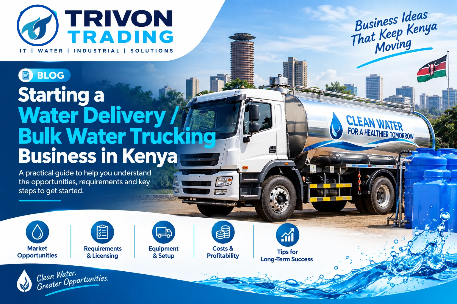 Starting a Water Delivery / Bulk Water Trucking Business in Kenya Introduction If you've ever seen a water tanker pull up to a construction site, an estate experiencing rationing, or an event needing a bulk water supply, you've seen a business model that's quietly become one of Kenya's most consistently in-demand services: bulk water delivery. Unlike a water refilling station, which waits for customers to walk in with jerry cans, a water delivery or trucking business brings water directly to where it's needed — at scale, by the tanker-load. It's a different business entirely, with its own equipment, licensing considerations, and customer base, and it's worth understanding on its own terms before deciding if it's the right venture for you. This guide walks through what the business actually involves, what equipment you need, realistic costs, and the mistakes that trip up new entrants. How a Water Delivery Business Differs from a Refilling Station It's worth being clear about this distinction upfront, since the two are often confused: A water refilling station is a fixed location where customers bring containers (jerry cans, bottles) to be filled — a walk-in retail model. A water delivery/trucking business sources or purifies water, loads it into a tanker or bowser, and transports it in bulk directly to a customer's location — a logistics-based wholesale model. The customer base, equipment, startup costs, and day-to-day operations are quite different, even though both businesses sell the same basic product: water. Who Buys Bulk Water Delivery? Understanding your customer base is the starting point for this business, since it shapes everything from tanker size to pricing: Residential estates and apartment complexes experiencing water rationing or supply interruptions Construction sites needing water for mixing concrete, dust suppression, and general site use Hotels, schools, and institutions supplementing unreliable municipal or borehole supply Events requiring temporary bulk water supply Industrial and commercial premises with high water usage needs Other water vendors who need bulk water delivered to their refilling station rather than producing it themselves Areas with no reliable water infrastructure at all, including some peri-urban and rural locations Each of these customer types has different volume needs, different urgency levels, and different price sensitivity — worth mapping out before committing to a specific market segment. Core Equipment You'll Need The Water Tanker (Bowser) This is the central asset of the business. Water delivery tankers are typically built using stainless steel rather than mild steel, for good reason: stainless steel doesn't rust, doesn't contaminate the water, and lasts dramatically longer under the repeated loading and unloading cycles this business demands. Tanker capacity is usually chosen based on your target customer base and the truck chassis available: Smaller tankers (1,000–3,000L) – Suited to urban delivery runs, smaller estates, and more frequent, shorter trips Medium tankers (3,000–8,000L) – A common choice for commercial supply, construction sites, and mixed customer bases Larger tankers (8,000–20,000L+) – Suited to bulk distribution, large construction projects, and high-volume institutional contracts A Reliable Water Source Depending on your business model, this might be: Your own borehole with treatment equipment A purchased bulk supply from an existing treatment plant or water vendor A municipal connection (where permitted for resale) If you're sourcing and treating your own water, you'll need purification equipment — typically a Reverse Osmosis (RO) or General Purpose water treatment system sized to your delivery volume, alongside storage tanks to buffer supply between treatment and loading. Loading and Discharge Equipment Filling/loading station to fill the tanker efficiently from your storage tank Discharge pump and hoses to offload water at the customer's site Flow meters, particularly important if you're billing by volume delivered, to ensure accurate, disputable-proof measurement The Truck Itself Many new entrants either purchase a truck and have a tanker fabricated onto it, or purchase an existing water bowser truck outright. Both approaches are common — the right choice depends on your budget and whether you already have a suitable truck chassis available. Licensing and Compliance Considerations Bulk water delivery sits at the intersection of several regulatory areas, and it's worth planning for all of them rather than assuming one covers the rest: Business registration with the Business Registration Service (BRS) Water source licensing — if using a borehole, it must be properly licensed with the Water Resources Authority (WRA) Water quality compliance — water sold for drinking purposes should meet the relevant KEBS drinking water standards, particularly if marketed as safe for consumption rather than non-potable use (construction, cleaning) County business permit covering your operating area Vehicle-specific requirements, including standard commercial vehicle licensing and roadworthiness for the truck itself NEMA considerations, particularly if sourcing from a borehole, since groundwater abstraction can carry environmental compliance requirements If you intend to market your water as safe for drinking (rather than purely for construction or non-potable industrial use), the same water quality compliance expectations that apply to refilling stations — testing, documentation, and KEBS alignment — apply here too. Realistic Cost Considerations Costs for this business vary significantly based on tanker size, whether you're purchasing a truck or fabricating onto an existing chassis, and your water sourcing approach. Broad cost categories to budget for include: Tanker fabrication or purchase (the largest single cost, scaling with capacity) Truck acquisition (new, used, or existing chassis) Water treatment equipment, if sourcing and purifying your own water rather than purchasing bulk supply Storage and loading infrastructure at your base of operations Licensing and compliance costs Working capital for fuel, driver wages, and initial operating months before the business reaches steady demand Because this business combines vehicle costs with water treatment/storage infrastructure, it generally requires more upfront capital than a simple refilling station — but it also accesses a wholesale customer base with larger, more consistent order volumes once established. Pricing Your Service Bulk water delivery is typically priced per litre or per tanker-load, factoring in: Distance from your base to the delivery point (fuel and time cost) Volume delivered Urgency/same-day vs. scheduled delivery Whether water is potable (drinking-grade) or non-potable (construction/industrial use), since these often command different price points Many operators also establish standing contracts with regular customers — construction sites, estates, or institutions with predictable recurring needs — which provides more stable revenue than one-off deliveries alone. Common Mistakes to Avoid Undersizing the tanker relative to the customer base you're targeting, leading to excessive trips and reduced profitability per run Using a mild steel tank instead of stainless steel, resulting in rust, contamination risk, and a much shorter equipment lifespan Not confirming water source licensing before starting operations, risking issues with regulatory authorities Underestimating fuel and maintenance costs, which are often higher than new operators initially budget for given the weight a loaded tanker places on a vehicle Skipping flow meters, leading to billing disputes with customers over delivered volume Not distinguishing potable from non-potable water in marketing and pricing, which can create compliance and customer trust issues Scaling the Business Once established, water delivery businesses typically scale in one of a few directions: Adding more trucks/tankers to serve more routes simultaneously Securing standing contracts with construction companies, estates, or institutions for predictable recurring revenue Expanding into multi-product transport, using the same stainless steel tanker (with proper cleaning between uses) to also transport other food-grade liquids Vertical integration — pairing delivery with your own water treatment plant to control both production and distribution margins Is This Business Right for You? Bulk water delivery suits entrepreneurs who are comfortable managing logistics (routes, scheduling, vehicle maintenance) alongside the water quality side of the business, and who have access to — or are prepared to invest in — both a suitable truck and a properly fabricated tanker. It generally requires more capital and operational complexity than a fixed refilling station, but it opens a wholesale customer base that a walk-in station can't reach. Getting the Equipment Right From the Start The tanker itself is the foundation of this business, and it's not something to compromise on. A properly fabricated stainless steel tanker — built to the right capacity for your target market, with proper discharge systems and accurate measurement — determines both your operating costs and your ability to win larger contracts down the line. At Trivon Trading, we design and fabricate stainless steel lorry tanks and water storage/treatment equipment for businesses entering the water delivery and bulk transport space, working with clients to size equipment correctly for their target market and budget. Trivon Trading Company Limited 📞 Call/WhatsApp: 0790145145 | 0713644544 📧 info@trivontrading.co.ke | trivontrading@gmail.com 🌐 www.trivontrading.co.ke Trivon Trading Co. Ltd – Delivering Reliable Water & Dairy Solutions You Can Trust