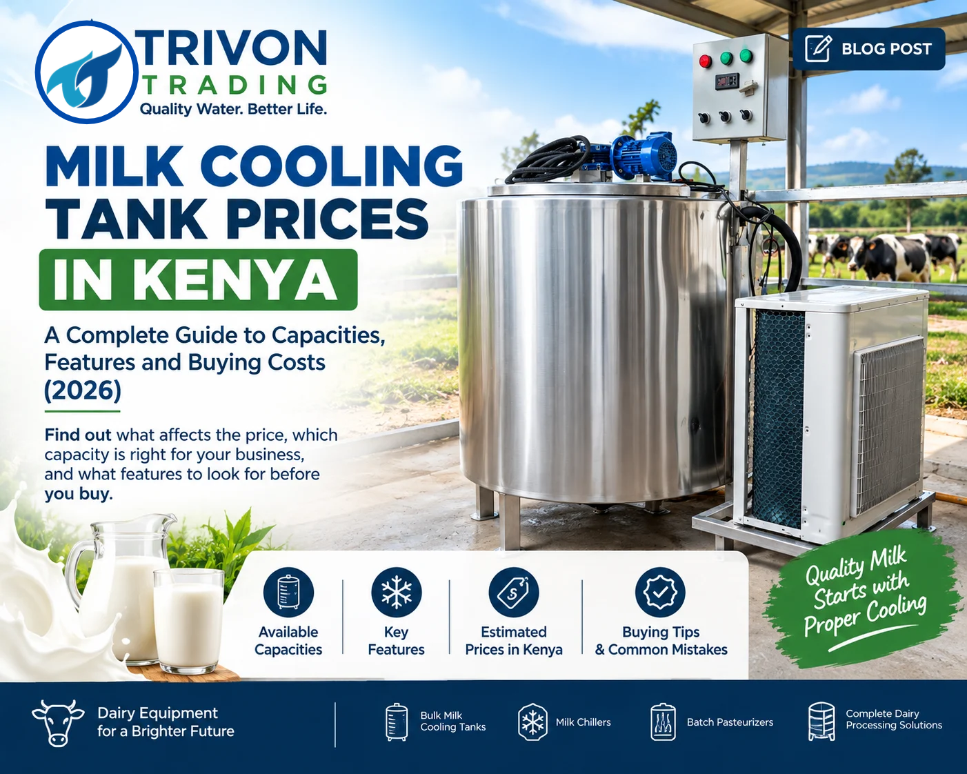 Milk Cooling Tank Prices in Kenya: A Complete Guide to Capacities, Features and Buying Costs (2026) If you are comparing the milk cooling tank price in Kenya before you buy, here is the short answer: a new stainless steel milk cooler costs from about KSh 200,000 for a small 100–200 litre unit, around KSh 800,000 for a 1,000 litre tank, and several million shillings for cooperative-scale tanks of 3,000 to 10,000 litres. Where your quote lands depends on capacity, build quality, the cooling system, and what the supplier includes. This guide is written for dairy farmers, cooperatives, milk collection centres and small processors who are weighing options. It explains what each capacity (300L, 500L, 1,000L and larger) is good for, what really drives the price, what to ask suppliers, and how to work out whether a tank will pay for itself on your farm or at your collection point. Milk Cooling Tank Price in Kenya at a Glance (2026) The table below compares Trivon Trading's listed prices with the typical range advertised by Kenyan suppliers. Capacity Trivon Trading listed price Typical Kenyan market range Best suited for 100L KSh 200,000 KSh 200,000 – 300,000 (100–200L class) Small farms, start-ups 300L KSh 320,000 KSh 320,000 – 420,000 (300–400L class) Growing farms, small groups 500L KSh 500,000 KSh 500,000 – 530,000 Mid-size farms, small collection centres 1,000L KSh 800,000 KSh 690,000 – 880,000 Collection centres, cooperatives 2,000L On request About KSh 1,300,000 Cooperatives, bulk hubs 3,000L KSh 2,200,000 KSh 1,800,000 – 2,200,000 Large cooperatives 10,000L KSh 5,000,000 – 6,000,000 Quote-based Processors, large bulk-cooling hubs How to read this table Prices are indicative and based on publicly advertised figures. Steel prices, exchange rates and specifications move them, so always request a written quotation. Premium-specification units, such as those with higher-grade compressors, thicker insulation or solar integration, are sometimes advertised well above these ranges. The 1,000L class, for example, ranges from roughly KSh 690,000 to over KSh 1,200,000. Check what is included in any quote: delivery, installation, commissioning, operator training and warranty. What Is a Milk Cooling Tank, and Why Does Getting the Right One Matter? A milk cooling tank is an insulated, double-walled stainless steel vessel with a refrigeration unit and agitator. It chills fresh milk quickly to around 4°C and holds it there until collection. In Kenya you will hear it called a bulk milk cooler (BMC), milk chiller or milk cooler. The names are used interchangeably when buyers shop. The reason it matters is simple. Bacteria in raw milk multiply fast in warm conditions, and milk that is not cooled promptly is more likely to sour, be downgraded or be rejected at collection. A correctly sized, well-built tank protects the milk you have already paid to produce. An undersized or poorly built one becomes an expensive bottleneck. How to Choose the Right Capacity: 300L, 500L, 1,000L and Larger Capacity is the single biggest driver of price, so choosing correctly is where you save the most money. Use this rule of thumb: Tank capacity ≈ litres you must hold between collections × 1.2 to 1.25 The extra 20–25% gives you room for growth and for days when volumes spike. Example: If your milk is collected once a day and you receive about 400 litres in that time, a 500L tank fits comfortably. If collection happens every two days, size for two days of milk instead. 100–200 litres: small farms and start-ups Priced from about KSh 200,000, these suit farmers with modest volumes who sell daily. The trade-off is limited headroom, because a growing herd can outgrow them within a season or two. 300 litres: the practical starting point At about KSh 320,000, a 300L tank is a common first purchase for growing smallholders and small farmer groups. It leaves room to scale without immediately buying a second unit. 500 litres: mid-size farms and small collection centres At roughly KSh 500,000, the 500L tank suits farms with steady volumes and small collection points aggregating milk from a handful of suppliers. 1,000 litres: collection centres and cooperatives The 1,000L tank, at about KSh 800,000, is the most commonly compared size, and it shows the widest price spread in the market. That spread usually reflects differences in compressor quality, insulation, controls and warranty, so compare specifications and not just the headline price. 2,000 to 10,000 litres: cooperatives and bulk-collection hubs Large tanks typically involve three-phase power, more robust refrigeration, and some site planning. At this scale, a site assessment before you order is worth the time. Tip: Two smaller tanks can sometimes be smarter than one large one. Two units let you keep cooling if one needs servicing, and you can fill them in sequence as deliveries arrive. What Affects Milk Cooling Tank Price in Kenya? Two tanks with the same litre rating can differ by hundreds of thousands of shillings. These are the factors behind the gap: Capacity. Larger tanks need more steel, bigger compressors and more insulation. Stainless steel grade and thickness. Food-grade 304 is standard for milk contact surfaces. Thicker, better-finished sheet costs more but lasts longer. Insulation. Quality polyurethane foam insulation (commonly 50–80mm) keeps energy use down and holds temperature through the night. Refrigeration system and compressor. Direct expansion units are common, while glycol-based or ice-bank systems cost more. Compressor brand and type affect both price and long-term reliability. Agitator. A geared motor agitator keeps milk evenly cooled and prevents cream separation. Controls and monitoring. A digital thermostat, temperature gauge and alarms cost more than a basic control but give you better protection. Tank design. Open or closed tops, and horizontal or vertical layouts, affect fabrication cost and footprint. Power supply. Smaller units commonly run on single-phase power, while larger ones usually need three-phase. Meeting that requirement can add electrical costs. Solar or hybrid capability. This adds a significant premium (more below). Warranty, installation and after-sales support. A supplier that includes installation, training and local servicing is pricing in real value, even when the headline number is higher. Local Fabrication vs Imported Tanks Kenya's market includes both locally fabricated tanks and imported units. Neither is automatically better, but the trade-offs are worth knowing: Locally fabricated tanks typically offer faster turnaround, easier customisation of size and layout, and local access to spare parts and technicians. Imported tanks can be competitive on price for standard sizes, but check how spare parts, service visits and warranty claims will actually work once the tank is on your site. Ask any supplier, local or imported, where the nearest service technician is based and how long parts take to arrive. Solar and Hybrid Milk Coolers: Are They Worth the Premium? Solar-powered milk coolers are designed for farms and collection points with unreliable or no grid power. They cost noticeably more because the price includes both the tank and the solar kit. Advertised Kenyan prices for solar-equipped 1,000L systems run from roughly KSh 1.3 million to KSh 1.8 million, compared with about KSh 800,000 for a standard grid-powered unit. A solar or hybrid system is typically worth considering when: Your site has no grid connection or frequent outages Electricity tariffs or generator fuel costs are a major burden You want to cut running costs over the long term If you have reliable grid power, a standard tank with a backup generator or inverter may serve you at a lower upfront cost. The Real Cost of Owning a Milk Cooling Tank The purchase price is only part of the picture. Budget for: Delivery and installation, especially to remote areas Electrical works, such as three-phase supply, correct cabling and protection devices Backup power, such as a generator or inverter, so cooling does not stop during outages Cleaning materials and water for daily washing Servicing, including periodic checks of the refrigeration unit Spare parts for wear items To estimate electricity cost, ask the supplier for the tank's rated power in kW, then multiply by expected running hours per day and your tariff per kWh. Will a Milk Cooling Tank Pay for Itself? A Simple Example The simplest way to test the investment is to compare the tank's price against what spoilage, downgrading and rejections currently cost you. Illustrative example (replace with your own numbers): A collection point receives 500 litres per day Without cooling, about 5% (25 litres) is lost or sold at a discount At an illustrative KSh 50 per litre, that is about KSh 1,250 per day, or roughly KSh 37,500 per month A 500L tank at about KSh 500,000 would recover its cost in roughly 13 months from reduced losses alone This does not yet count other benefits, such as being able to hold milk for the best buyer, meeting processor quality requirements, or accepting more suppliers. Your payback period will depend on your volumes, current losses and milk price. How to Compare Milk Cooler Quotes: 10 Questions to Ask Before you commit, ask each supplier: What grade and thickness of stainless steel is used for the inner and outer tank? What type and thickness of insulation is used? What compressor is fitted, and what is its brand and type? How long does it take to cool milk to 4°C? Does it need single-phase or three-phase power, and what is the rated kW? Is a geared agitator included? What controls and alarms come as standard? What does the warranty cover and exclude, in writing? Are delivery, installation, commissioning and training included? Who services the tank in my county, and how fast do spare parts arrive? Common Mistakes When Buying a Milk Cooling Tank Buying on the lowest price alone. Listings well below the typical range deserve questions about steel, compressor and warranty. Undersizing the tank. A tank that is full at peak season forces you to leave milk uncooled. Ignoring the power supply. Discovering you need three-phase power after the tank arrives can delay commissioning. Skipping the after-sales conversation. A cheap tank without local service becomes costly when something fails. Forgetting regulatory requirements. If you operate a collection or cooling centre, check the licensing and hygiene requirements that apply to you with the Kenya Dairy Board and your county. Financing and Payment Options Many cooperatives and farmer groups fund cooling equipment through SACCO loans, group financing or dairy development programmes. Ask your supplier whether staged payments are possible, and ask your cooperative whether it has existing partnerships for equipment financing. When you tell us your volumes and budget, we can advise on a setup that fits. Milk Cooling Tanks from Trivon Trading Trivon Trading's milk cooling tanks (chillers) are fabricated from food-grade 304 stainless steel sheets. Each comes with a geared motor agitator for even cooling, an inbuilt condensing unit, a temperature monitoring gauge and its control panel, ready to install. Capacities run from 100 litres up to 10,000 litres, with custom sizes available. A cooling tank is often the first step in a bigger dairy setup. We also supply: Stainless steel milk cans (20L–80L) for transport and handling Batch pasteurizers for processing and value addition Milk ATMs for selling pasteurized milk directly to customers Fermentation and mixer tanks for yoghurt and other products We deliver across Kenya and can help you size the right tank for your volumes. Trivon Trading Company Limited 📞 Call/WhatsApp: 0790145145 | 0713644544 📧 info@trivontrading.co.ke | trivontrading@gmail.com 🌐 www.trivontrading.co.ke Frequently Asked Questions How much is a 500-litre milk cooler in Kenya? A standard stainless steel 500L milk cooler typically costs around KSh 500,000 to 530,000. Premium specifications can cost more. What is the price of a 1,000-litre milk cooling tank in Kenya? Most standard 1,000L tanks are advertised at around KSh 800,000. Listings range from roughly KSh 690,000 to over KSh 1,200,000, depending on specification, brand and what is included. What size milk cooling tank do I need? Multiply the litres you need to hold between collections by 1.2 to 1.25. For example, if you hold 400 litres between collections, a 500L tank gives you comfortable headroom. What is the difference between a milk cooler and a milk chiller? In everyday Kenyan usage, the terms are interchangeable and both describe a tank that cools and holds milk. Technically, "chiller" refers to the refrigeration unit that does the cooling. How cold should milk be kept? Milk should be cooled to about 4°C and held there until collection or processing. Can a milk cooling tank run on solar power? Yes. Solar and hybrid milk coolers exist, and they suit sites with unreliable or no grid power. They cost considerably more than grid-only tanks because the price includes the solar kit. Is stainless steel 304 necessary for a milk cooling tank? Food-grade 304 stainless steel is the standard for surfaces that contact milk because it is hygienic, corrosion-resistant and easy to clean. Ask suppliers to confirm the grade for both the inner and outer tank. What else should I budget for besides the tank? Plan for delivery, installation, electrical works, backup power, cleaning supplies and periodic servicing.