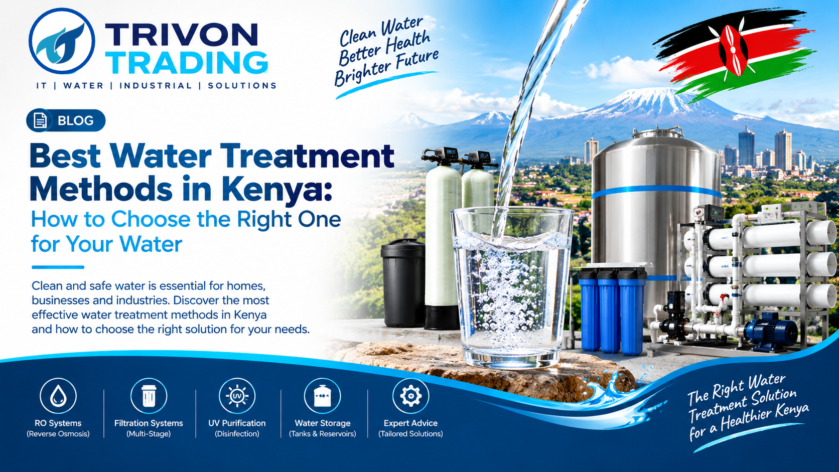 # Best Water Treatment Methods in Kenya: How to Choose the Right One for Your Water If you are searching for the **best water treatment methods**, here is the most useful answer up front: there is no single best method. The right treatment depends on what is actually in your water. A borehole in the Rift Valley may carry fluoride and salts, a coastal well may be brackish, a river source may be muddy and full of bacteria, and a town supply may simply taste of chlorine. Each problem needs a different fix. This guide explains the main water treatment methods used in Kenya, what each one removes, what it cannot remove, and how they are combined into a complete system for homes, businesses and institutions. At the end you will know how to match the method to your problem. > **Need help treating your water? Contact Trivon Trading.** We design, fabricate, supply, install and service water treatment systems across Kenya. Call or WhatsApp **0790145145**, email **info@trivontrading.co.ke**, or visit **www.trivontrading.co.ke**. --- ## Step 1: Test Your Water Before Choosing Any Method The most common mistake is buying equipment before knowing what needs treating. Many serious contaminants, including fluoride, nitrates and harmful bacteria, cannot be seen, smelled or tasted. Send a sample to an accredited laboratory and ask for at least these parameters: - pH and total dissolved solids (TDS) or conductivity - Total hardness - Iron and manganese - Fluoride and chloride - Nitrate - Turbidity - Microbiology (E. coli and total coliforms) Compare the results against the KEBS drinking water standard and the WHO guidelines. The WHO guideline value for fluoride, for example, is 1.5 mg/L. A good treatment design starts from the failed parameters, not from guesswork. ### Common water problems and what they usually mean | Problem | What you may notice | Likely treatment | |---|---|---| | Cloudy or muddy water (turbidity) | Visible particles, sediment | Coagulation, sand and cartridge filtration, ultrafiltration | | Chlorine, smell or odd taste | Chemical or earthy smell | Activated carbon | | Hard water | Scale on kettles and taps, soap that will not lather | Softening or reverse osmosis | | Iron and manganese | Red-brown or black stains, metallic taste | Aeration or oxidation plus an iron-removal filter | | High TDS or salty water | Salty taste, heavy scale | Reverse osmosis (brackish), desalination (seawater) | | Fluoride | Often no visible sign; mottled teeth over time | Reverse osmosis, activated alumina, bone char | | Bacteria and viruses | No visible sign; stomach illness | Chlorination, UV, ultrafiltration | | Acidic or alkaline pH | Corrosion, bitter or soapy taste | pH correction | | Nitrate | No visible sign | Reverse osmosis, ion exchange | --- ## The Best Water Treatment Methods Explained ### 1. Coagulation, Flocculation and Sedimentation Chemicals such as alum or ferric chloride cause fine suspended particles to clump together into heavier flocs that settle out. This is the usual first stage for muddy surface water from rivers and dams. - **Removes:** turbidity, some organic matter and some colour - **Does not remove:** dissolved salts, fluoride or most dissolved chemicals - **Best for:** surface water and large-scale treatment ### 2. Sand (Multimedia) Filtration Water passes through graded sand and gravel, which traps suspended solids. Pressure sand filters are compact and can be backwashed to clean them. - **Removes:** silt, sand, rust particles and larger suspended solids - **Does not remove:** bacteria, dissolved chemicals or odour - **Best for:** the first stage of nearly every borehole and surface-water system ### 3. Activated Carbon Filtration Granular activated carbon adsorbs chlorine, organic compounds and many substances that cause bad taste and odour. It also protects RO membranes from chlorine damage. - **Removes:** chlorine, odour, taste and colour compounds, some pesticides and organics - **Does not remove:** salts, hardness, fluoride, nitrate or most bacteria - **Note:** carbon needs regular replacement, or it stops working and can harbour bacteria ### 4. Sediment and Cartridge Filtration Cartridge filters in sizes such as 1 to 5 microns capture fine particles that pass through sand filters. They are a safety stage before membranes and UV units. - **Removes:** fine particles and carbon fines - **Best for:** protecting downstream equipment ### 5. Water Softening (Ion Exchange) A resin exchanges calcium and magnesium (the minerals behind hardness) for sodium. Resin is regenerated with salt. - **Removes:** hardness - **Does not remove:** TDS overall, fluoride or bacteria - **Best for:** hard water that causes scale in boilers, kettles, kitchens and laundry ### 6. Iron and Manganese Removal Dissolved iron and manganese turn from clear to rust-coloured when exposed to air. They are removed by aeration or chemical oxidation, followed by a filter media designed for iron and manganese, such as Birm. - **Removes:** iron and manganese, and the stains and metallic taste they cause - **Best for:** many borehole supplies ### 7. Fluoride Removal (Defluoridation) High fluoride is a well-known problem in parts of the Rift Valley and other volcanic areas. Over time it causes dental fluorosis and can affect bones. Three methods are common: - **Reverse osmosis** rejects the bulk of fluoride and also reduces TDS - **Activated alumina** adsorbs fluoride onto the media, and works best when pH is controlled - **Bone char** adsorbs fluoride onto bone-based media, and also performs best when pH is controlled Boiling does **not** remove fluoride, and it actually concentrates it. Fluoride treatment should always be designed around a lab report, because the right method and media life depend on the fluoride level, pH and alkalinity. ### 8. pH Correction Acidic water corrodes pipes and fixtures. Alkaline water can taste soapy, form scale and reduce the performance of some treatment media. pH is corrected by dosing acid or CO₂ (for high pH) or by passing water through a neutralising media or dosing an alkali (for low pH). ### 9. Chlorination Chlorine kills bacteria and many viruses, and leaves a residual that protects water in storage and pipes, typically around 0.2 to 0.5 mg/L at the point of use. - **Removes (kills):** bacteria and most viruses - **Limits:** needs adequate contact time, is less effective against some protozoa and does not remove chemicals - **Best for:** disinfection of tanks, distribution lines and large supplies ### 10. UV Disinfection Ultraviolet light inactivates bacteria, viruses and protozoa without adding chemicals or changing taste. - **Removes (inactivates):** microorganisms - **Limits:** water must be clear for UV to work, it leaves no residual, and the lamp needs annual replacement - **Best for:** the final disinfection step after filtration ### 11. Ultrafiltration (UF) UF membranes have extremely small pores that block bacteria, protozoa, many viruses and suspended solids while keeping dissolved minerals in the water. It uses no chemicals and little energy. - **Removes:** bacteria, protozoa, suspended solids and microplastics - **Does not remove:** dissolved salts, fluoride or nitrate - **Best for:** microbiologically unsafe water with acceptable chemistry, and homes that want to keep minerals ### 12. Reverse Osmosis (RO) RO forces water through a membrane that rejects dissolved salts and most dissolved contaminants. It is the most broadly effective single stage for chemical problems. - **Removes:** dissolved salts, hardness, fluoride, nitrate, heavy metals and most TDS, typically 95 to 99% - **Needs:** good pre-treatment (sand, carbon and cartridge filters) and pressure, and it produces a reject stream - **Best for:** high TDS or fluoride, brackish borehole water, water vending and bottling, and homes wanting purified drinking water ### 13. Seawater Desalination Seawater RO uses much higher pressure and specially rated membranes to turn seawater or high-salinity water into drinking water. It suits coastal hotels, resorts, islands and institutions. ### 14. Simple Household Methods For emergencies and small households: - **Boiling:** a rolling boil for at least one minute (longer at high altitude) kills microbes, but removes no chemicals - **Chlorine tablets or drops:** disinfect clear water - **Ceramic filters:** remove many bacteria and particles - **Solar disinfection:** clear water in transparent bottles in strong sun for several hours These do not fix hardness, fluoride or salinity. --- ## Which Method Fixes Which Problem? | If your water has... | Best-fit methods | |---|---| | Muddy or cloudy appearance | Sand filtration, cartridge filtration, coagulation | | Bad smell or chlorine taste | Activated carbon | | Hardness and scale | Softening, RO | | Iron or manganese | Aeration/oxidation plus iron-removal filter | | High TDS | RO | | High fluoride | RO, activated alumina, bone char | | Bacteria or viruses | Chlorination, UV, UF | | Wrong pH | pH correction | | Seawater or very high salinity | Seawater RO desalination | --- ## Combining Methods: Typical Treatment Trains Real systems rarely use one method. They combine stages so that each one protects the next. **Borehole water with iron, hardness and bacteria** Aeration/oxidation → sand and iron-removal filter → softener → activated carbon → UV or chlorination **Borehole water with high fluoride or high TDS** Sand filter → activated carbon → cartridge filter → reverse osmosis → UV (with pH correction and remineralisation if needed) **Surface water from a river or dam** Coagulation and sedimentation → sand filter → activated carbon → ultrafiltration → UV or chlorination **Water vending, refilling or bottling** Sand → carbon → cartridge → reverse osmosis → micro-filtration → UV, with stainless steel storage and dispensing --- ## Best Water Treatment Method by Situation - **Homes:** a compact RO or UF unit at the kitchen tap, with softening if hardness is severe - **Water vending and bottling:** a multi-stage RO system, because customers pay for consistently low TDS and safe water - **Hotels, schools and hospitals:** pre-treatment plus RO or UF, UV disinfection, and treated-water storage sized to demand - **Farms and dairies:** filtration and disinfection for animal and processing water, plus softening where scale affects equipment - **Coastal properties:** seawater RO, or brackish RO if the source is borehole water with high chloride - **Large community supplies:** coagulation, filtration, disinfection and, where needed, fluoride removal --- ## How to Choose: 8 Factors 1. **Lab results.** Treat what is actually wrong with your water. 2. **Purpose.** Drinking, cooking, food processing, laundry, irrigation and industry need different quality levels. 3. **Volume.** Daily demand sets the system size, measured in litres per hour. 4. **Source stability.** Borehole quality can change, so allow for variation. 5. **Power availability.** RO needs electricity, while gravity-based filters may not. 6. **Space and installation.** Check floor area, drainage and access. 7. **Running costs.** Compare filters, membranes, chemicals, electricity and servicing, not only the purchase price. 8. **Support.** Look for a supplier who installs, trains your operators and services the equipment. --- ## Why Water Treatment Systems Fail (and How to Avoid It) - **Skipping pre-treatment.** Membranes fail early when sand, carbon and cartridge stages are missing or neglected. - **Wrong method for the problem.** A carbon filter will not remove fluoride, and a softener will not make salty water drinkable. - **No maintenance.** Filters, carbon, membranes and UV lamps all have replacement intervals. - **Ignoring changes in the source.** Test again at least once a year, and whenever the taste, colour or smell changes. - **Buying on price alone.** An undersized or poorly built unit costs more in the end. --- ## Need Help Treating Your Water? Contact Trivon Trading Choosing the right water treatment method is easier with the right partner. Trivon Trading designs, fabricates, supplies, installs and services water treatment systems for homes, businesses and institutions across Kenya, including: - **Reverse osmosis systems** from domestic units to industrial capacity - **Ultrafiltration systems** for chemical-free microbial protection - **General purpose water plants** for borehole water, with flocculation, sand filtration, carbon, iron removal, pH adjustment and fluoride removal stages - **Seawater desalination machines** for coastal properties - **Water vending machines, filling stations and bottling equipment** - **Stainless steel storage tanks** for treated water Send us your lab report, or tell us what is wrong with your water, and we will recommend a treatment train that fits your needs and budget. **Trivon Trading Company Limited** 📞 Call/WhatsApp: 0790145145 | 0713644544 📧 info@trivontrading.co.ke | trivontrading@gmail.com 🌐 www.trivontrading.co.ke *Trivon Trading Co. Ltd – Delivering Reliable Water & Dairy Solutions You Can Trust* --- ## Frequently Asked Questions ### What is the best method of water treatment? It depends on your water. For most Kenyan borehole water, the best approach is a multi-stage system: filtration for particles, carbon for taste and chlorine, RO or UF depending on the chemistry, and UV or chlorine for disinfection. ### What is the most effective way to purify water? Reverse osmosis removes the widest range of dissolved contaminants, including salts, fluoride and nitrate. For microbes, UV, chlorination and ultrafiltration are highly effective. Most systems combine them. ### How do I treat borehole water in Kenya? Test the water first, then build a treatment train around the results. Typical stages include sand filtration, iron removal, softening or RO, activated carbon and disinfection. ### How can I remove fluoride from water? Reverse osmosis, activated alumina and bone char all remove fluoride. Boiling does not, because it concentrates fluoride. ### How do I remove hardness from water? Use a water softener (ion exchange) or reverse osmosis. Boiling only removes temporary hardness and leaves scale. ### Is boiling enough to make water safe? Boiling kills bacteria, viruses and protozoa, but it does not remove chemicals such as fluoride, nitrate, salts or heavy metals. ### What is the difference between RO and UF? UF removes bacteria and suspended solids but leaves dissolved minerals. RO also removes dissolved salts, fluoride and most chemicals. Choose by what your lab results show. ### How often should a water treatment system be serviced? Check it regularly and follow the replacement schedule for filters, carbon, membranes and UV lamps. Many systems need a service visit at least once or twice a year. ### How much does water treatment cost? Cost depends on your water quality, daily volume and the methods needed. Contact Trivon Trading with your lab report for a quotation. --- ## Yoast SEO Plugin Fields (Copy-Paste Ready) **Focus Keyphrase:** best water treatment methods **SEO Title:** Best Water Treatment Methods in Kenya: Complete 2026 Guide **Slug:** best-water-treatment-methods-kenya **Meta Description (153 characters):** Discover the best water treatment methods in Kenya: filtration, RO, UV, softening and more. Learn which fits your water problem and when to call experts. **Related Keyphrases (Yoast Premium, up to 4):** - water treatment methods Kenya - how to treat borehole water - water purification methods - water treatment systems Kenya **Keyphrase Synonyms (Yoast Premium):** water purification techniques, water treatment options, ways to treat water **Suggested Image Alt Text:** - "Best water treatment methods in Kenya: multi-stage borehole water treatment system" - "Reverse osmosis and UV water treatment system by Trivon Trading" - "Water treatment methods chart: matching problems to treatment" - "Sand filter and activated carbon vessels for water treatment in Kenya" **Yoast Schema Settings:** - Page type: Web Page - Article type: Blog Post - Use the **Yoast FAQ block** for the FAQ section above to generate FAQ rich results - Mark as **Cornerstone content**, since this is the pillar page for your whole water treatment cluster **Internal Linking Suggestions:** - "reverse osmosis" → your RO systems product page - "ultrafiltration" → your UF systems product page, and your post "UF or RO Machine? How to Choose" - "borehole" → your post "Borehole Water Treatment: Complete Purification Process Explained" - "KEBS drinking water standard" → your post "Water Quality Standards in Kenya: KEBS Requirements Explained Simply" - "seawater desalination" → your post "Seawater Desalination in Kenya: How Coastal Businesses Can Turn Sea Water into Drinking Water" - "general purpose water plants" → your General Purpose Water Plant product page - "water vending and bottling" → your water vending and filling station product pages - "stainless steel storage tanks" → your post "Stainless Steel Water Tanks in Kenya vs Plastic" - Link back to this post from those pages using the anchor "best water treatment methods" **Category:** Water Purification Machines **Tags:** water treatment methods, best water treatment methods, water purification Kenya, borehole water treatment, reverse osmosis, UV disinfection, fluoride removal, hard water **Social / Open Graph (Yoast Social tab):** - Title: Best Water Treatment Methods in Kenya: Which One Fits Your Water? - Description: Filtration, RO, UV, softening and more. Match the method to your water problem and know when to call the experts. - Image: 1200×630px featured image **Featured Image Brief (for design team):** A clean infographic-style header showing water moving through treatment stages (sand, carbon, RO, UV) into a glass of clear water. Use the Trivon palette: navy #0a2540, emerald #1f8f75 / #43c6ac, gold #c9a227. Size: 1200×630px. **On-page SEO Checklist:** - Focus keyphrase appears in the SEO title, slug, meta description, first paragraph, an H2-level passage and image alt text - Keep both tables as real HTML tables to help win featured snippets - Add the FAQ as a Yoast FAQ block, not plain text - Place the "Need help treating your water? Contact Trivon Trading" call-out near the top and bottom, as written - Review the post each January and update the year in the title