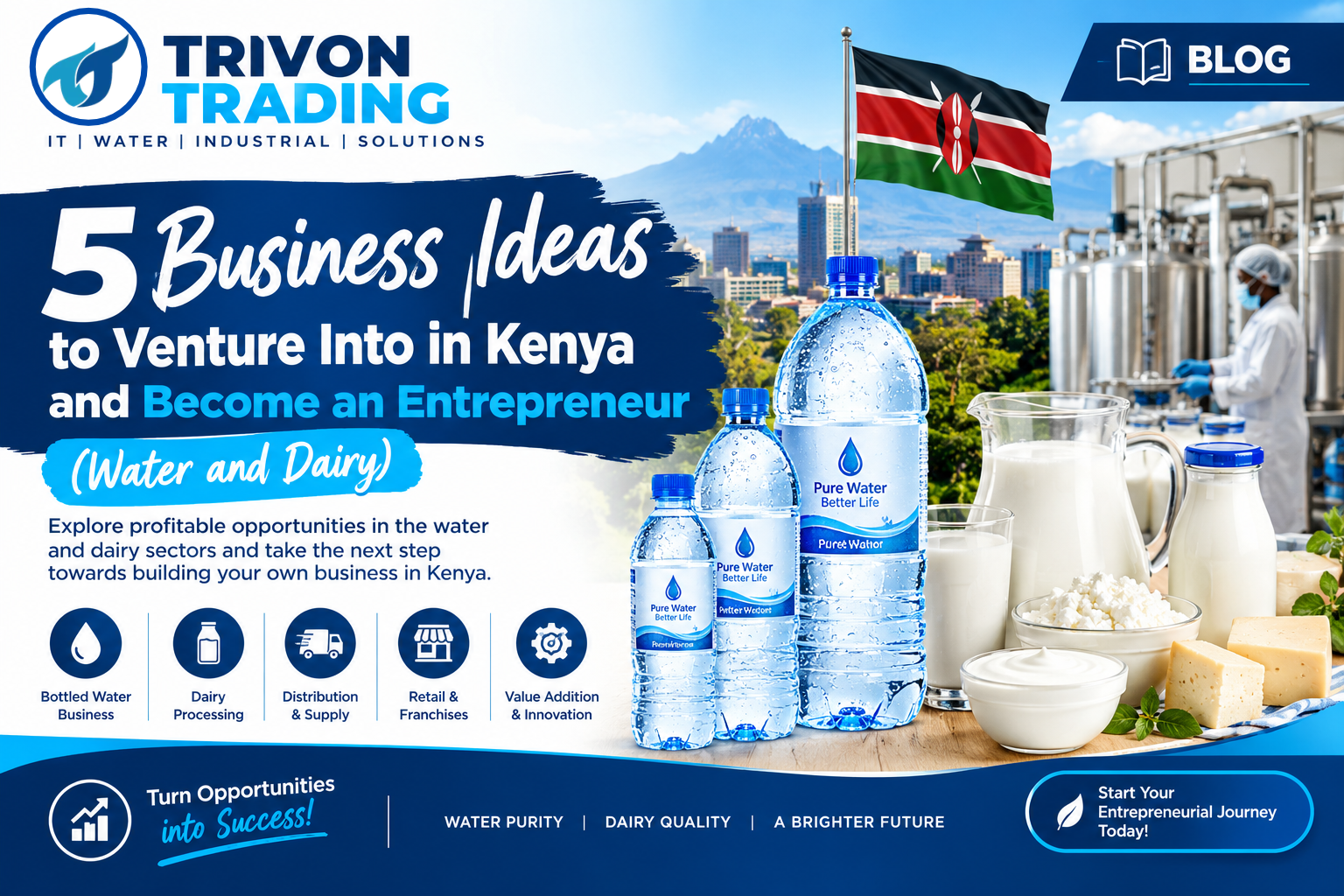 # 5 Business Ideas to Venture Into in Kenya and Become an Entrepreneur (Water and Dairy) Looking for business ideas in Kenya that don't depend on fashion or seasons? Start with what people buy every single day: **clean water and fresh milk.** Households, schools, offices, hotels and events all need both, in good times and in bad. This guide walks through five business ideas in Kenya that you can start small and grow: 1. Water vending (small water refill kiosks) 2. Industrial water vending (large-scale production, refills and branded water) 3. Milk vending (a Milk ATM in your kiosk, shop or supermarket) 4. Packed milk and milk distribution 5. A yoghurt business For each one you will see how it works, what you need to begin, what to watch out for, and the equipment that makes it possible. If you want to become an entrepreneur in Kenya with a business people use daily, one of these is likely to fit your budget and skills. --- ## The 5 Business Ideas at a Glance | # | Business | Ease of starting | Main equipment | Best for | |---|---|---|---|---| | 1 | Water vending (refill kiosk) | Easiest, little machinery | RO machine, filling station, bottle rinser | First-time entrepreneurs, smaller budgets | | 2 | Industrial water vending | Higher investment | Treatment plant, filling and bottling line, storage, water bowser | Entrepreneurs with capital and a good water source, serving organisations and events | | 3 | Milk vending (Milk ATM) | Low to moderate | Milk ATM | Owners of kiosks, shops and supermarkets | | 4 | Packed milk and distribution | Moderate | Pasteurizer, milk cooler, filling and packing machine | Entrepreneurs ready to process and brand milk | | 5 | Yoghurt business | Moderate | Pasteurizer, fermentation tank, mixer tank, cooling | Food-minded entrepreneurs who want to add value | --- ## Business Idea 1: Water Vending (Small Water Refill Kiosks) ### How it works A refill kiosk sells clean drinking water to customers who bring their own containers, from a small bottle to a 20-litre jerrycan. It is one of the easiest business ideas in Kenya to start and set up because it needs relatively little machinery, a small space and a steady supply of water. ### Two ways to get your water **Option A: Purify your own water.** If you have a source such as a borehole or a municipal connection, you treat the water yourself, usually with a reverse osmosis (RO) machine, and sell it. This gives you the lowest cost per litre over time. **Option B: Buy water from water companies.** Many starters buy water from companies that supply by water bowser (water truck), at around **KSh 2 to KSh 5 per litre**, and then sell it to customers at around **KSh 10 to KSh 15 per litre**. If you buy from another company, you are generally limited to refilling and vending. Packaging and branding the water needs your own certified production. ### How the profit works At those figures, your gross margin is roughly **KSh 5 to KSh 13 per litre** before costs. Your running costs include rent, electricity, labour, permits and delivery. Selling prices vary by location and by how you sell. Small refills usually earn more per litre than bulk 20-litre jerrycans, and local competition shapes what customers will pay. Check prices in your own area before you commit to a business plan. ### What you need to start - A suitable location with foot traffic and parking for customers carrying jerrycans - A water source, whether your own or a supplier - A treatment system if you purify your own water - A filling point, clean containers and storage - A business permit and public health compliance ### Equipment from Trivon Trading for refill kiosks - **RO systems and domestic RO systems** for purifying your own water - **Water vending machines and RO vending cabinets** with digital controls, sales tracking and payment options - **Water refilling stations with coin acceptor** that are mobile and portable - **Filling stations with holding tank** (3 taps) - **Bottle rinsers and bottle washing machines** for hygienic refilling - **Stainless steel packing tables, sinks and storage tanks** - **3-in-1 water purifiers** for compact setups ### Tips for success - Choose a location with dense housing, offices or schools within walking distance - Keep water quality consistent and keep records of your testing and maintenance - Offer clean, branded containers to build trust - Start with equipment that matches your expected daily volume, then upgrade as demand grows --- ## Business Idea 2: Industrial Water Vending (Large-Scale Production) ### How it works Industrial water vending takes the same idea to a much larger scale. Instead of selling only from a kiosk, you **purify your own water at large scale** and sell it several ways: - **Refills** for walk-in and distributor customers - **Packaged and branded water** for organisations, businesses, events and venues - **Bulk delivery** using a water bowser Branding is a key advantage here. A company, hotel, conference centre or event organiser can order water carrying its own label, which means repeat contracts and a more stable income than walk-in sales alone. ### How it differs from a refill kiosk | | Business 1: Refill kiosk | Business 2: Industrial water vending | |---|---|---| | Start-up | Easy, little machinery | Larger investment and planning | | Water source | Own source or bought from water companies | Own large-scale treated source | | Packaging | Not allowed if you buy water from other companies | Allowed with your own certified production | | Customers | Individuals and households | Organisations, businesses, events, venues, distributors | | Income streams | Refills | Refills, branded packaging and bowser deliveries | ### What you need to start - A reliable, licensed water source, such as a borehole - A treatment plant sized to your volumes - Storage tanks and a filling or bottling line - Bottle washing and rinsing equipment - A water bowser or tanker for bulk delivery - The right certifications for packaged water, plus county and water-source permits ### Equipment from Trivon Trading for industrial water vending - **General purpose water plants** for borehole water, with flocculation, sand filtration, carbon, iron removal, pH adjustment and fluoride removal stages - **Large reverse osmosis systems** and **pure water skids** for bottling plants - **Pure water plants** with filling stations - **Bottle washing machines and bottle rinsers** (jet and brush types) - **Stainless steel storage tanks, lorry tanks and steel water towers** for storage and bulk delivery - **Seawater desalination machines** for coastal businesses We design, fabricate, supply, install and service these systems, so you get one partner from plant design to after-sales support. --- ## Business Idea 3: Milk Vending (Add a Milk ATM to Your Kiosk, Shop or Supermarket) ### How it works A **Milk ATM** is a vending machine that dispenses pasteurized, chilled, ready-to-drink milk in unpackaged form. Customers bring their own containers, or buy a reusable one from you, and pay for exactly the quantity they want. It is a good fit if you already own a kiosk, shop or supermarket, because it draws regular, repeat customers to the premises you already have. ### Why it works - Milk is a daily purchase, so customers come back often - Customers value fresh milk without paying for packaging - A Milk ATM takes little space and can add a new income line to an existing shop - It builds foot traffic that helps your other products sell ### What you need to start - A suitable spot with power in a kiosk, shop or supermarket - A dependable supply of good-quality milk from a licensed source - A Milk ATM and a plan for daily cleaning and restocking - The licences and approvals required for selling milk, including from the Kenya Dairy Board and your county public health office ### Trivon Trading's Milk ATM Our Milk ATMs are built from food-grade stainless steel 304 and come with: - A digital control panel - Stainless steel milk tanks, with food-grade tubing and pumps - A self-cleaning vending tube - Daily sales records protected by a user password - A compact, mobile design that is easy to relocate - Reprogrammable features to suit your business - Made in Kenya and certified by KEBS We also supply **stainless steel milk cans** and **milk cooling tanks** to keep your milk fresh before it reaches the machine. --- ## Business Idea 4: Packed Milk and Milk Distribution ### How it works A packed milk business collects milk, cools and pasteurizes it, packs it into branded packets or bottles, and sells it to shops, schools, hotels and households. You can start even at a small scale with three core machines: a **pasteurizer**, a **milk cooler** and a **filling and packing machine**. ### The basic flow 1. **Receive and cool** the milk quickly in a milk cooler 2. **Pasteurize** it to reduce the bacteria load and make it safe to sell 3. **Cool again** to storage temperature 4. **Fill and pack** into your branded packaging 5. **Store cold and distribute** to your customers ### What you need to start - A reliable supply of milk from farmers or cooperatives - A milk cooling tank, a batch pasteurizer and a filling and packing machine - Clean, stainless steel handling equipment and a cold storage plan - Packaging and a brand, plus a distribution route for your customers - The required licences and quality approvals for processing and selling milk, including from the Kenya Dairy Board, KEBS and your county ### Equipment from Trivon Trading for packed milk - **Milk cooling tanks (chillers)**, glycol or air-cooled, with agitator and temperature monitoring - **Batch pasteurizers**, with gas, electric or steam heating options and temperature monitoring - **Stainless steel milk cans** (20L to 80L) for collection and transport - **Stainless steel tanks, tables and sinks** for hygienic handling - **Filling and packing equipment:** tell us your volumes and budget, and we will advise on the right setup for your stage --- ## Business Idea 5: Yoghurt Business ### How it works Yoghurt is one of the best ways to add value to milk. Instead of selling milk alone, you turn it into a product that customers buy more often and for more per litre of milk. You can sell plain, flavoured and drinking yoghurt, as well as fermented milk such as mala. ### The basic flow 1. **Receive and cool** the milk 2. **Pasteurize** it, then bring it to the right temperature for fermentation 3. **Add the culture** and **ferment** in a controlled-temperature tank 4. **Mix and flavour** the yoghurt 5. **Chill, pack and sell** to shops, schools, hotels, events and households ### What you need to start - A milk supply and a culture you can rely on - A pasteurizer, a fermentation tank and a mixer tank - A milk cooler and cold storage for your finished product - Packaging, a brand and a distribution route - The relevant dairy, food and county approvals ### Equipment from Trivon Trading for yoghurt production - **Batch pasteurizers** for heating milk - **Fermentation tanks** with temperature control, air-tight sealing, a pressure relief valve and an optional cooling jacket, for yoghurt, fermented milk and other fermented products - **Mixer tanks** with agitators and optional heating or cooling jackets for blending flavours - **Milk cooling tanks** for cooling milk and storing your product - **Stainless steel milk cans, packing tables and sinks** for hygienic production --- ## What All Five Business Ideas Have in Common - **A daily need.** Water and milk are bought every day, so demand is steady. - **Room to start small.** You can begin with a modest setup and grow with the business. - **Scalable steps.** A kiosk can become several kiosks, and a small dairy can become a processor. - **Equipment matters.** The right-sized, well-built equipment protects quality and keeps running costs down. - **Compliance matters.** The businesses that last get their permits, hygiene and quality control right from the start. --- ## Which Business Idea Should You Choose? | If you... | Consider | |---|---| | Have limited capital and want to start quickly | Water vending (refill kiosk) | | Own a shop, kiosk or supermarket | Milk vending (Milk ATM) | | Have capital, a good water source and want contracts with organisations and events | Industrial water vending | | Are ready to process and brand milk | Packed milk and distribution | | Want to add value to milk and like working with food | Yoghurt business | Many entrepreneurs combine two of these, such as a refill kiosk and a Milk ATM in the same shop, or a milk packing business that also makes yoghurt. --- ## Where to Check Before You Start Requirements change, so confirm the current rules with the relevant authorities before you invest. | Business | Where to check | |---|---| | Water refill kiosk | County public health, county business permit, water source licensing if you use a borehole | | Packaged or branded water | KEBS certification, county approvals, and tax requirements for packaged water, including KRA | | Milk vending and processing | Kenya Dairy Board, KEBS, county public health | | Yoghurt and other dairy products | Kenya Dairy Board, KEBS, county public health | --- ## Start Your Business With Trivon Trading Whichever of these business ideas in Kenya you choose, the equipment you start with shapes your quality, your costs and your growth. Trivon Trading designs, fabricates, supplies, installs and services water treatment systems, milk and water vending machines, dairy equipment and stainless steel fabrications, and delivers across Kenya. We can help you: - Choose the right capacity and equipment for your budget - Install and commission your system - Train your team to operate and maintain it - Keep it running with servicing and repairs **Ready to get started?** Call or WhatsApp us, tell us which business you have in mind, and we will recommend the right setup. **Trivon Trading Company Limited** 📞 Call/WhatsApp: 0790145145 | 0713644544 📧 info@trivontrading.co.ke | trivontrading@gmail.com 🌐 www.trivontrading.co.ke *Trivon Trading Co. Ltd – Delivering Reliable Water & Dairy Solutions You Can Trust* --- ## Frequently Asked Questions ### What are the best business ideas in Kenya with small capital? Water vending through a refill kiosk is one of the easiest to start because it needs relatively little machinery. A Milk ATM added to an existing shop is another low-barrier option. ### Is a water vending business profitable in Kenya? It can be. If you buy water at around KSh 2 to KSh 5 per litre and sell at around KSh 10 to KSh 15 per litre, your gross margin is roughly KSh 5 to KSh 13 per litre before costs. Prices vary by location, so check your local market, and remember rent, power, labour and permits. ### Can I package water if I buy it from other companies? Generally, no. If you buy water from other companies, you are limited to refilling and vending. Packaging and branding require your own certified production. ### What is the difference between a refill kiosk and industrial water vending? A refill kiosk is small and easy to start, selling refills from your own source or from bought water. Industrial water vending purifies water at large scale, sells refills and branded packaged water to organisations, businesses, events and venues, and can also deliver by water bowser. ### What is a Milk ATM? A Milk ATM is a vending machine that dispenses pasteurized, chilled, ready-to-drink milk in unpackaged form. Customers bring containers and pay for the quantity they want. ### What equipment do I need to start a packed milk business? At a minimum, a milk cooler, a pasteurizer and a filling and packing machine, with clean stainless steel handling equipment and cold storage. ### What equipment do I need to make yoghurt? A pasteurizer, a fermentation tank, a mixer tank and a milk cooler, plus hygienic stainless steel tables and sinks, and packaging. ### Where can I buy water and dairy business equipment in Kenya? Trivon Trading supplies, installs and services RO systems, water vending machines, filling stations, pasteurizers, milk cooling tanks, Milk ATMs, fermentation and mixer tanks, and stainless steel fabrications across Kenya. --- ## Yoast SEO Plugin Fields (Copy-Paste Ready) **Focus Keyphrase:** business ideas in Kenya **SEO Title:** 5 Profitable Business Ideas in Kenya: Water & Dairy (2026) **Slug:** business-ideas-in-kenya-water-and-dairy **Meta Description (142 characters):** Looking for business ideas in Kenya? Discover 5 profitable water and dairy ventures, how each works, startup needs and the equipment to begin. **Related Keyphrases (Yoast Premium, up to 4):** - become an entrepreneur in Kenya - water vending business Kenya - milk ATM business Kenya - yoghurt business in Kenya **Keyphrase Synonyms (Yoast Premium):** profitable businesses in Kenya, small business ideas Kenya, start a business in Kenya **Suggested Image Alt Text:** - "Business ideas in Kenya: water vending refill kiosk with RO machine" - "Milk ATM business in Kenya: stainless steel milk vending machine" - "Yoghurt business in Kenya: fermentation tank and pasteurizer equipment" - "Industrial water vending plant with bottling line Kenya" **Yoast Schema Settings:** - Page type: Web Page - Article type: Blog Post - Use the **Yoast FAQ block** for the FAQ section above to generate FAQ rich results - Consider marking as **Cornerstone content**, as the hub for your business-idea cluster **Internal Linking Suggestions:** - Idea 1 → your posts "How to Start a Profitable Water Refill Business in Kenya" and "Cost Breakdown of Setting Up a Water Refilling Station in Kenya" - Water vending legality and permits → "Is Water Vending Legal in Kenya?" and "KEBS Requirements for Water Vending Businesses: A Compliance Checklist" - Idea 2 → "Why Water Vending Is One of the Best Investments Right Now", your water delivery/bulk trucking post (if published), and "Seawater Desalination in Kenya" - "reverse osmosis" and "water vending machines" → your RO and water vending product pages - "general purpose water plants" → your General Purpose Water Plant product page - Idea 3 → your Milk ATM product page - Ideas 4 and 5 → "Where Can I Buy a Batch Pasteurizer Tank in Kenya", "Milk Cooling Tank Prices in Kenya" and your milk cooling tank product page - "stainless steel storage tanks" → "Stainless Steel Water Tanks in Kenya vs Plastic" - "water treatment" → "Best Water Treatment Methods in Kenya" - Link back to this post from those pages using the anchor "business ideas in Kenya" **Category:** Business Ideas **Tags:** business ideas in Kenya, become an entrepreneur in Kenya, water vending business, milk ATM, yoghurt business, milk distribution, small business Kenya, dairy business **Social / Open Graph (Yoast Social tab):** - Title: 5 Profitable Business Ideas in Kenya: Water & Dairy - Description: Water refill kiosks, industrial water vending, Milk ATMs, packed milk and yoghurt. See how each works and what you need to start. - Image: 1200×630px featured image **Featured Image Brief (for design team):** A five-panel or five-icon layout showing a water refill kiosk, a bottling line, a Milk ATM, packed milk and yoghurt cups, under the headline "5 Business Ideas in Kenya." Use the Trivon palette: navy #0a2540, emerald #1f8f75 / #43c6ac, gold #c9a227, with Lora for the headline and Poppins for supporting text. Size: 1200×630px. **On-page SEO Checklist:** - Focus keyphrase appears in the SEO title, slug, meta description, first paragraph and image alt text - Keep the comparison tables as real HTML tables to help win featured snippets - Add the FAQ as a Yoast FAQ block, not plain text - Review prices and licensing references every six months, and update the year in the title each January